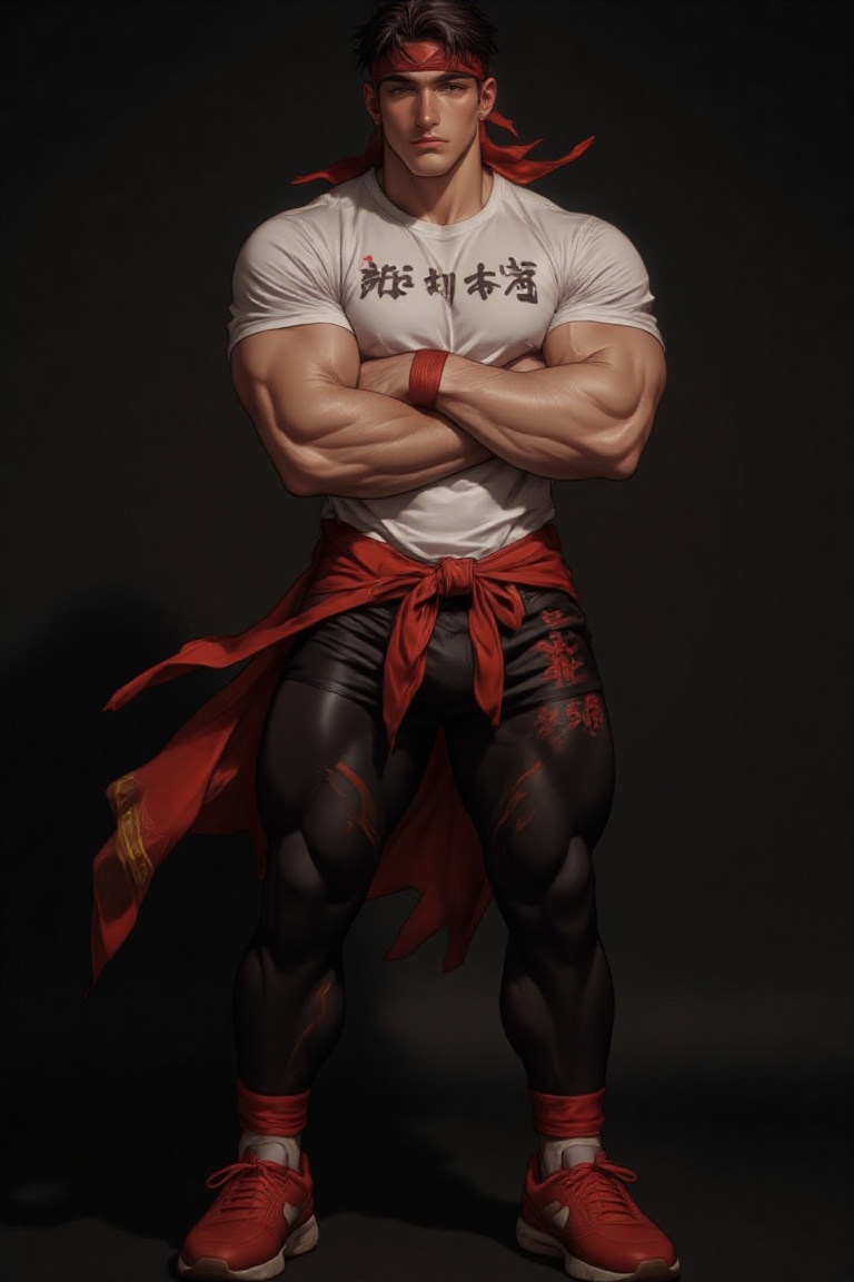 The image depicts a muscular character standing confidently with arms crossed. He is wearing a white t-shirt with Chinese...