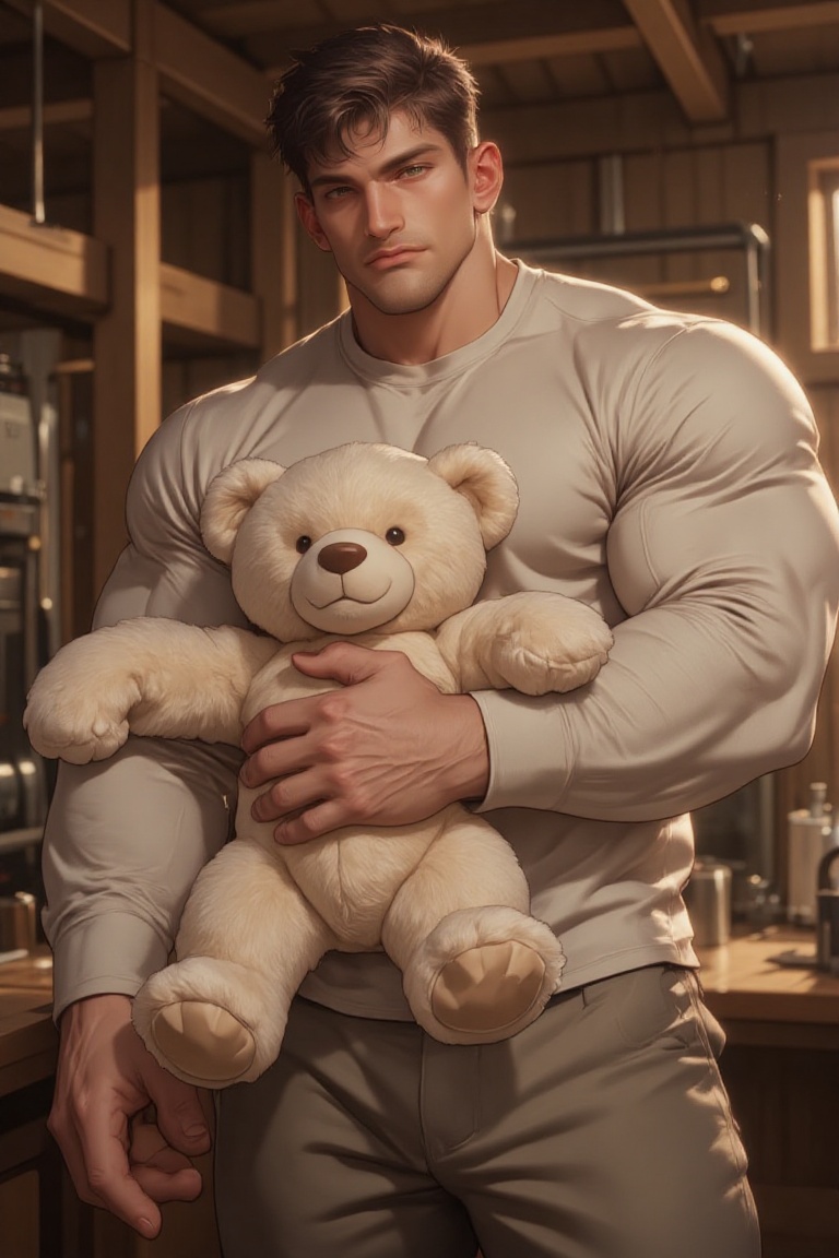 The image shows a man holding a large,  plush teddy bear. He is dressed in a light-colored,  long-sleeve shirt and pants....