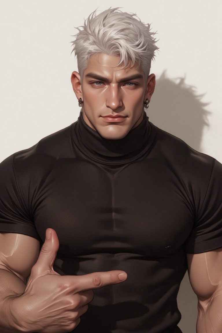 The image shows a person with short,  spiky white hair,  wearing a black turtleneck sweater. The background appears to be...