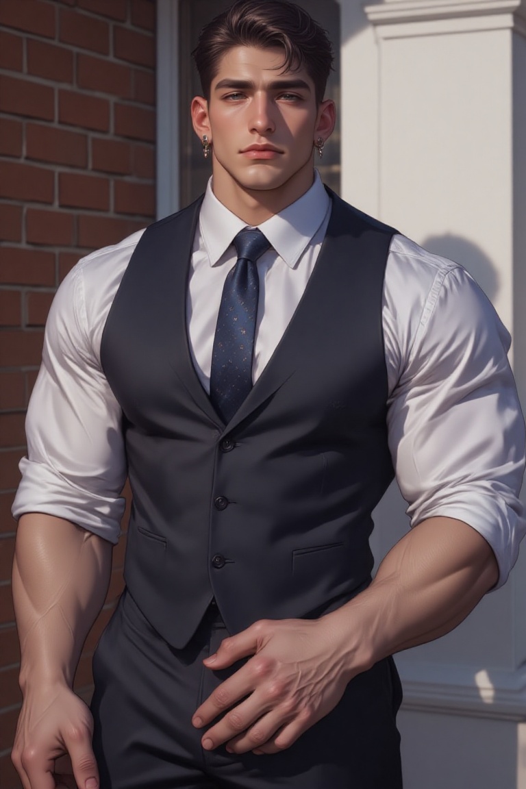 The image shows a young man individual with short,  neatly styled hair that is slicked back with a slight part on one side...