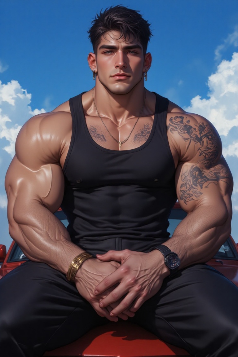 The image depicts a muscular man sitting confidently on the hood of a red car. He is wearing a black sleeveless **** top a...