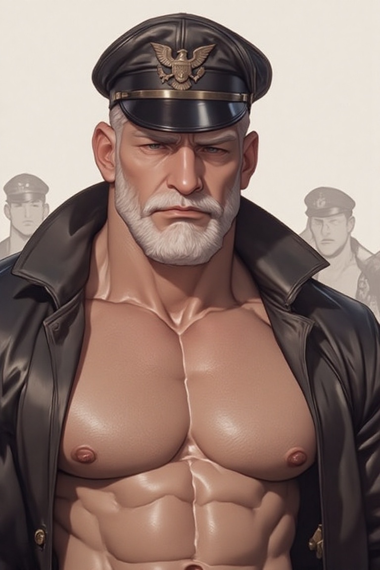 The image depicts a muscular man with a white beard and mustache,  wearing a black leather cap adorned with an eagle emble...