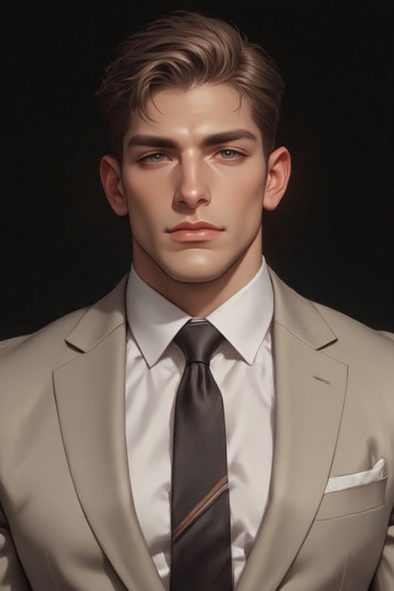 The image depicts a portrait of a man in a formal suit,  complete with a white shirt and a tie. The background is dark,  w...
