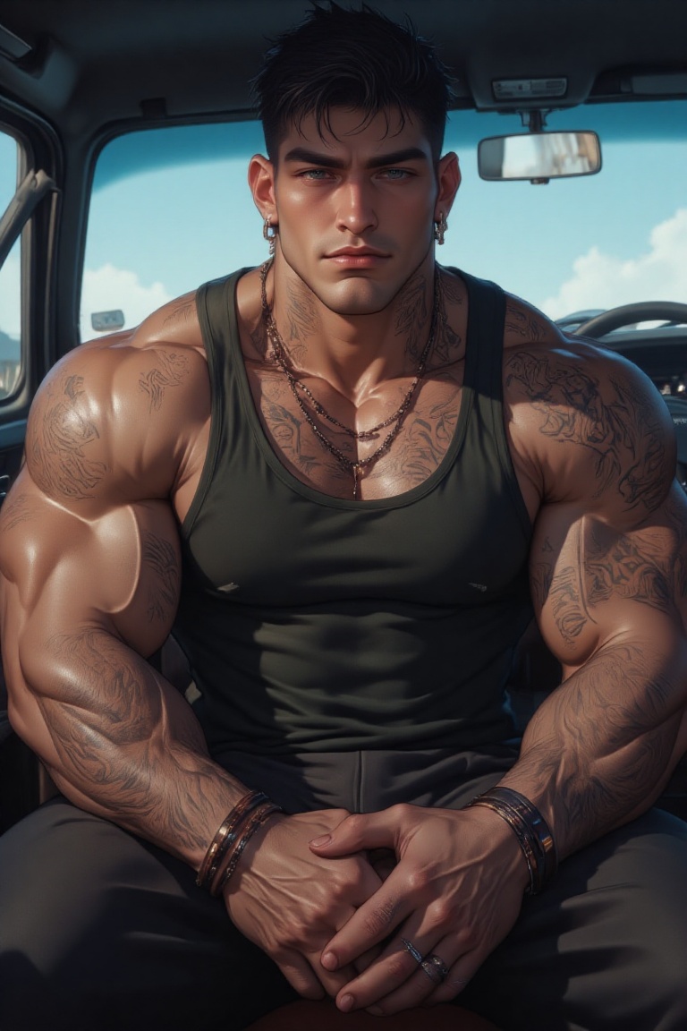 The image depicts a muscular man sitting inside a vehicle,  with a rugged and confident demeanor. He is wearing a sleevele...