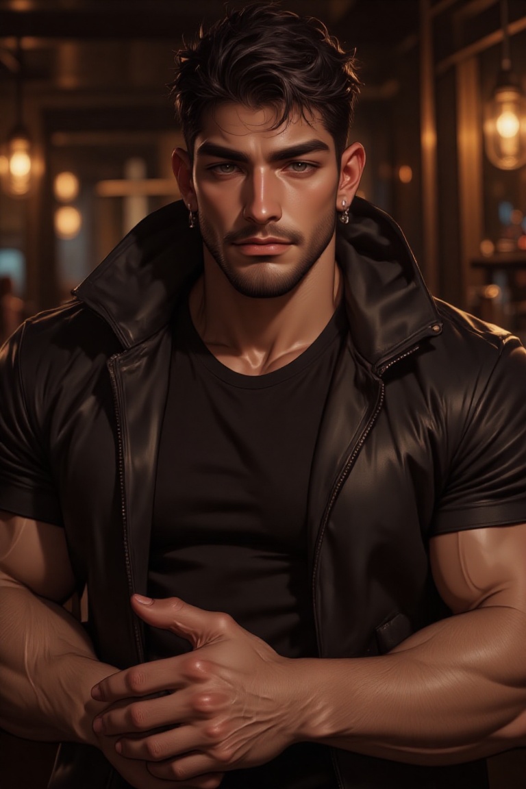 The image shows a man with short,  curly hair styled in a modern,  slicked-back fashion. The individual is wearing a black...