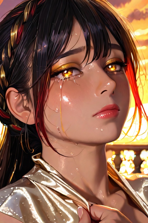 8K ultra-realistic anime extreme close-up portrait,  golden sunrise rim light with honey glow,  glossy nude-pink lips bitt...