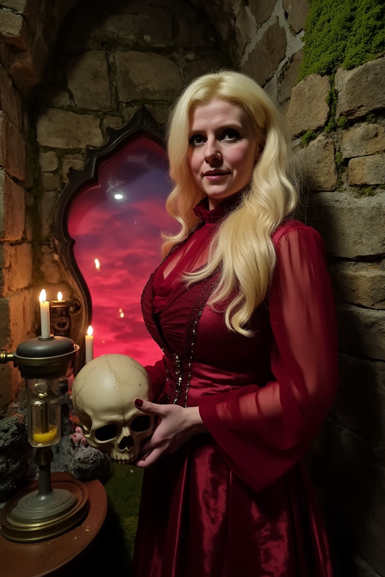 A female vampire,  with long blonde hair in a victorian attire,  red dress on Tensor.Art