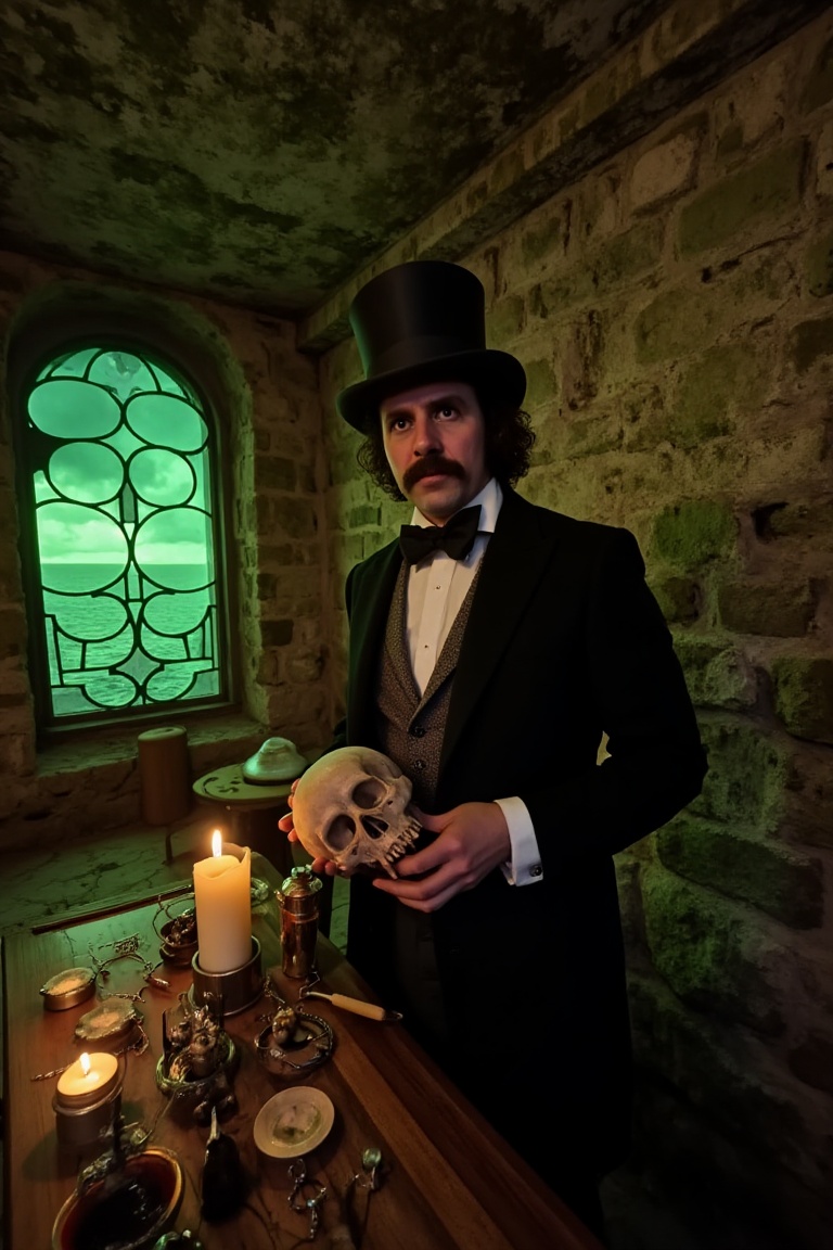 A victorian man with dark hair and a moustached in a top hat and victorian attire,  holding an ancient skull,  stands an a...
