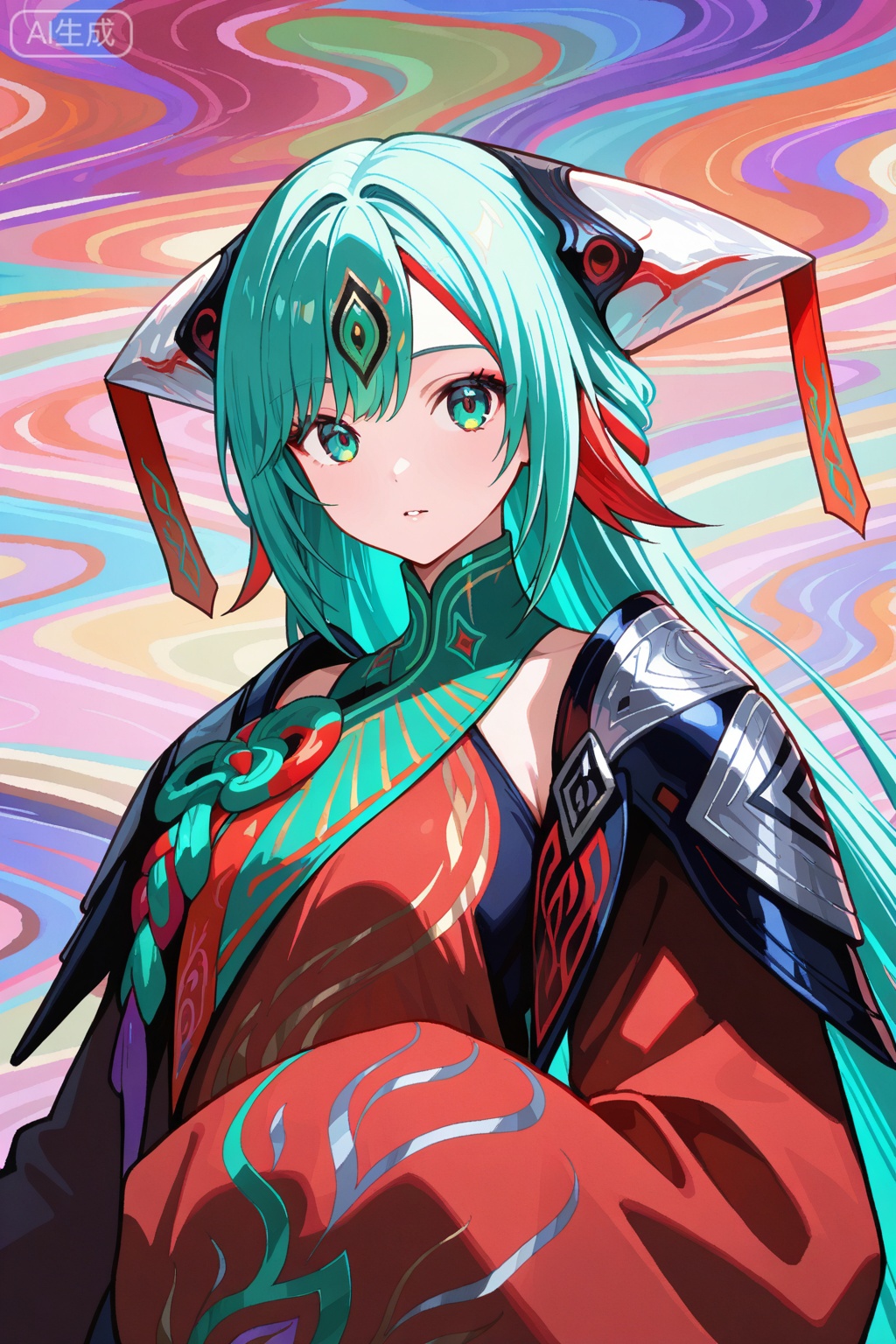
Random scene,Random scene,


upper body,looking at viewer,

少司缘,1girl,solo,ssy,aqua green long hair,green bangs, red highlights, white horns hairpiece,high collar,colorful chest accessory,abstract ornament,red kimono,shoulder armor, oversized sleeves,   masterpiece,very awa,best quality,amazing quality,very aesthetic,absurdres,newest,intricate details,skindentation,fair_skin,kpop idol,korean beauty,