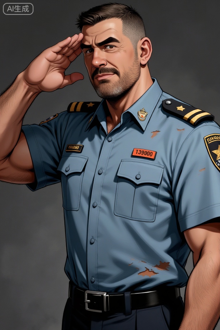 tgywl wore a tattered and torn police uniform, with two vertical stripes on his shoulders indicating the rank of Senior Superintendent. A numerical badge "130900" was affixed above the right chest pocket, while a regional police badge adorned the left chest pocket. The uniform pockets were covered with flaps and fastened with buttons, and a black belt with a rectangular buckle was fastened around his waist. He saluted with his right hand, his hand lines crisp and clean, with short, sharp hair. His face bore a small beard and mustache, his expression stern and his brows furrowed. 
