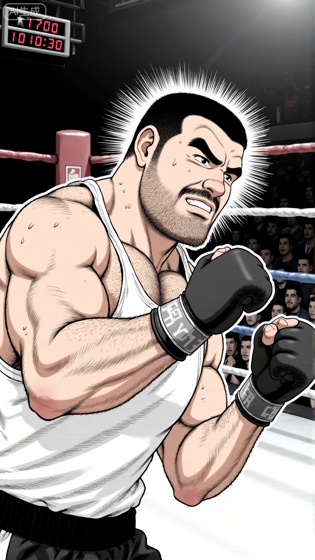 This is a cartoon about boxing. The muscular boxer is wearing a white vest, black boxing shorts, and black boxing gloves. His face and back are covered with sweat beads. He has short hair and a thick beard. His expression is resolute and fierce. The picture is set in a boxing ring, with ropes and ring pillars visible. The background shows "170:10:30" The scoreboard and the crowd in the audience hall with the same words restore the intense competitive atmosphere of a boxing match. The work uses fine lines to depict the details of muscle texture and sweat beads, and uses radial lines to enhance the impact of the punch. It is a typical expression method of tough guy comics. It is often used in the creation of boxing-themed male cartoons. It uses exaggerated dynamics and detailed light and shadow to convey the sense of power and competitive tension of boxing.