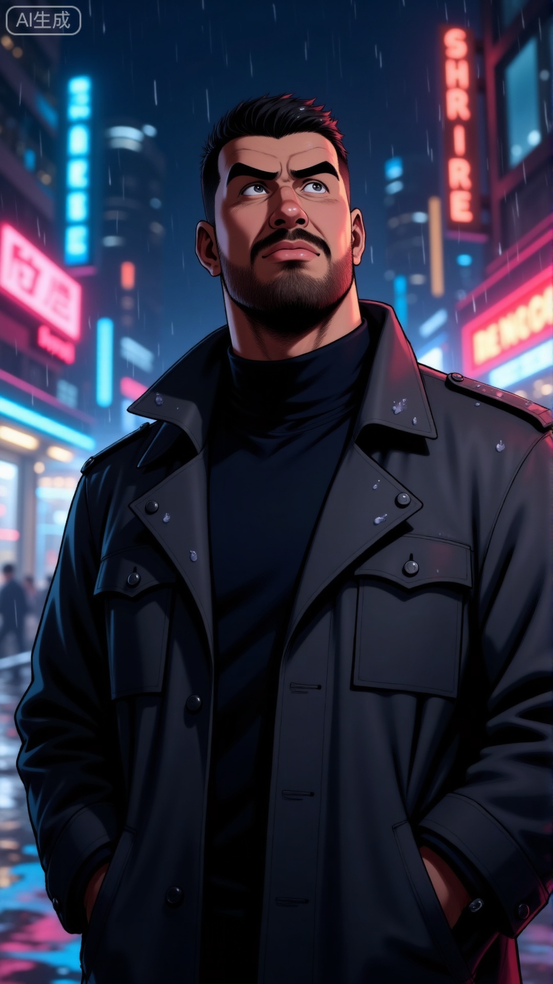 A male character stands in a city environment with rainy nights and flashing neon lights. He has short black hair and neatly trimmed beard. His expression was serious and intense

he looked up with his head raised

his brow furrowed

and his mouth tightly closed. He was wearing a dark

oversized high neck windbreaker and shoulder patches. This coat has button details with water droplets and snowflakes indicating weather conditions. The background is filled with blurry

colorful neon lights in shades of blue

red

and pink

creating a bustling urban landscape

