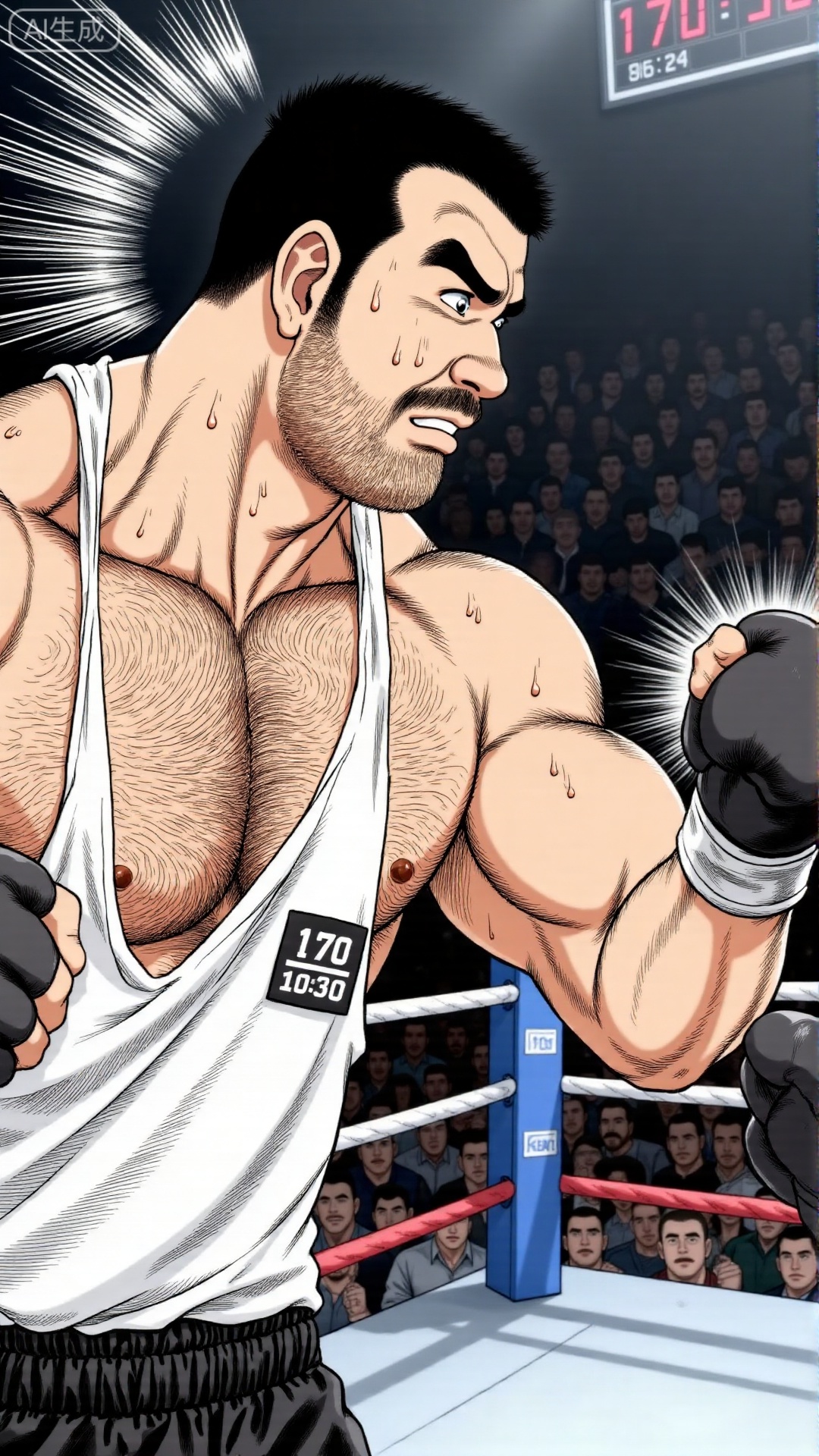 This is a cartoon about boxing. The muscular boxer is wearing a white vest, black boxing shorts, and black boxing gloves. His face and back are covered with sweat beads. He has short hair and a thick beard. His expression is resolute and fierce. The picture is set in a boxing ring, with ropes and ring pillars visible. The background shows "170:10:30" The scoreboard and the crowd in the audience hall with the same words restore the intense competitive atmosphere of a boxing match. The work uses fine lines to depict the details of muscle texture and sweat beads, and uses radial lines to enhance the impact of the punch. It is a typical expression method of tough guy comics. It is often used in the creation of boxing-themed male cartoons. It uses exaggerated dynamics and detailed light and shadow to convey the sense of power and competitive tension of boxing.