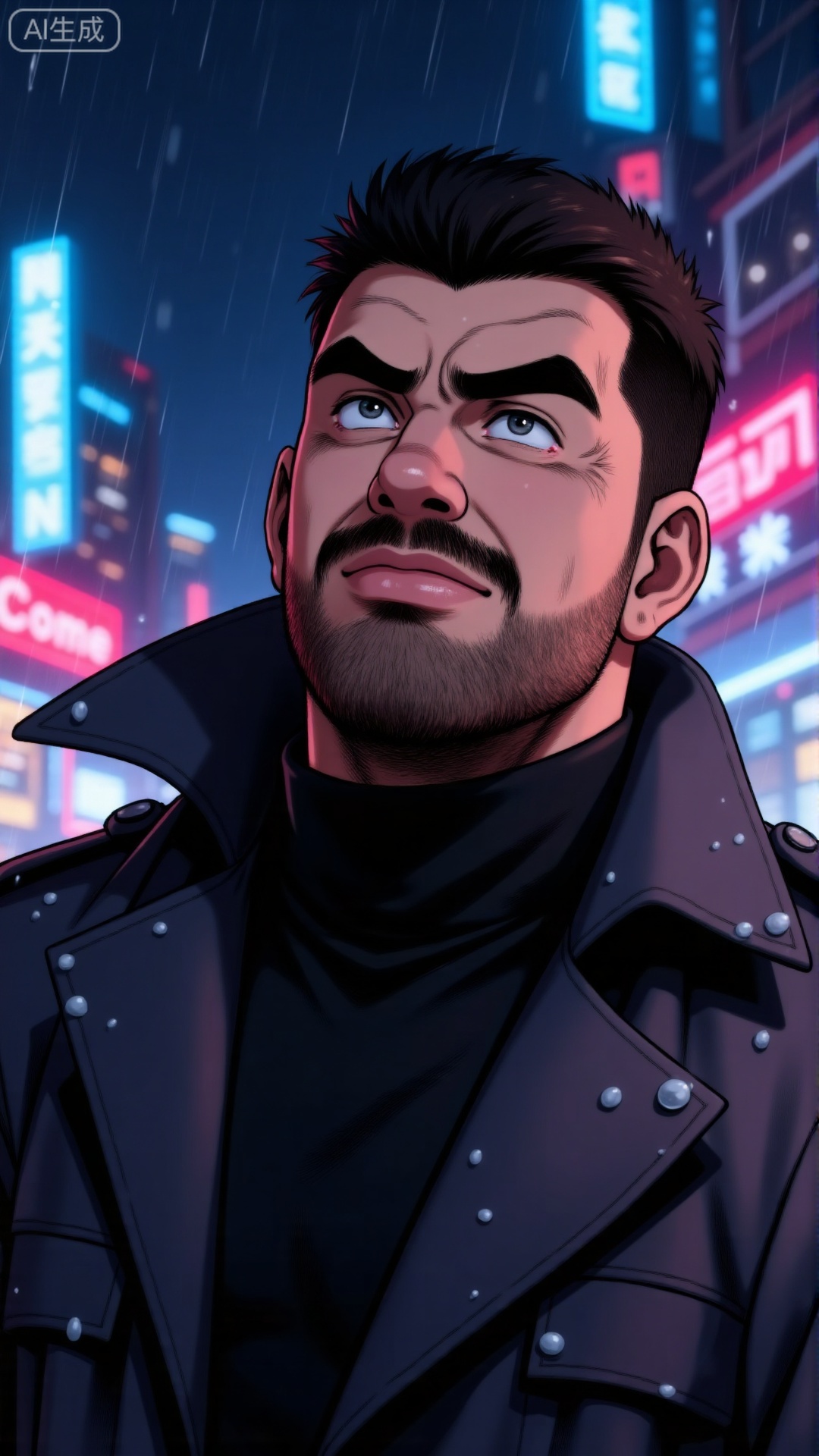A male character stands in a city environment with rainy nights and flashing neon lights. He has short black hair and neatly trimmed beard. His expression was serious and intense

he looked up with his head raised

his brow furrowed

and his mouth tightly closed. He was wearing a dark

oversized high neck windbreaker and shoulder patches. This coat has button details with water droplets and snowflakes indicating weather conditions. The background is filled with blurry

colorful neon lights in shades of blue

red

and pink

creating a bustling urban landscape

