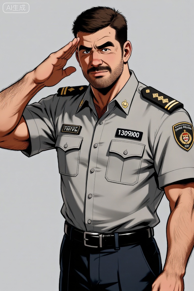 tgywl wore a tattered and torn police uniform, with two vertical stripes on his shoulders indicating the rank of Senior Superintendent. A numerical badge "130900" was affixed above the right chest pocket, while a regional police badge adorned the left chest pocket. The uniform pockets were covered with flaps and fastened with buttons, and a black belt with a rectangular buckle was fastened around his waist. He saluted with his right hand, his hand lines crisp and clean, with short, sharp hair. His face bore a small beard and mustache, his expression stern and his brows furrowed. 