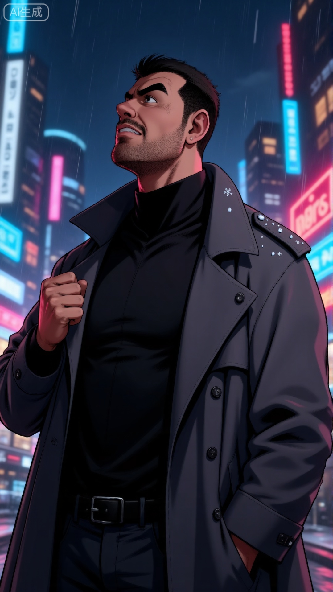 A male character stands in a city environment with rainy nights and flashing neon lights. He has short black hair and neatly trimmed beard. His expression was serious and intense

he looked up with his head raised

his brow furrowed

and his mouth tightly closed. He was wearing a dark

oversized high neck windbreaker and shoulder patches. This coat has button details with water droplets and snowflakes indicating weather conditions. The background is filled with blurry

colorful neon lights in shades of blue

red

and pink

creating a bustling urban landscape


