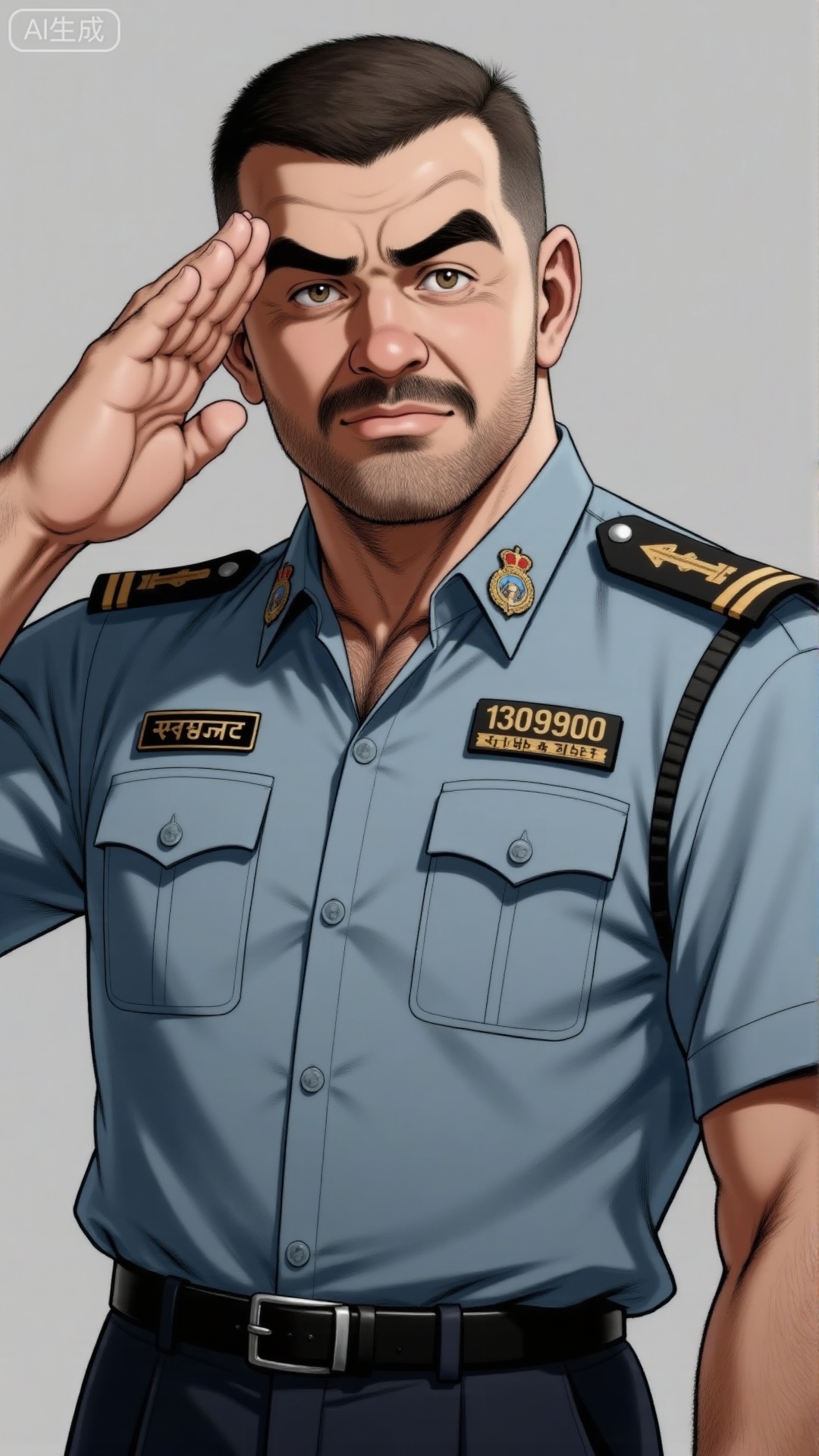 tgywl wore a tattered and torn police uniform, with two vertical stripes on his shoulders indicating the rank of Senior Superintendent. A numerical badge "130900" was affixed above the right chest pocket, while a regional police badge adorned the left chest pocket. The uniform pockets were covered with flaps and fastened with buttons, and a black belt with a rectangular buckle was fastened around his waist. He saluted with his right hand, his hand lines crisp and clean, with short, sharp hair. His face bore a small beard and mustache, his expression stern and his brows furrowed. 