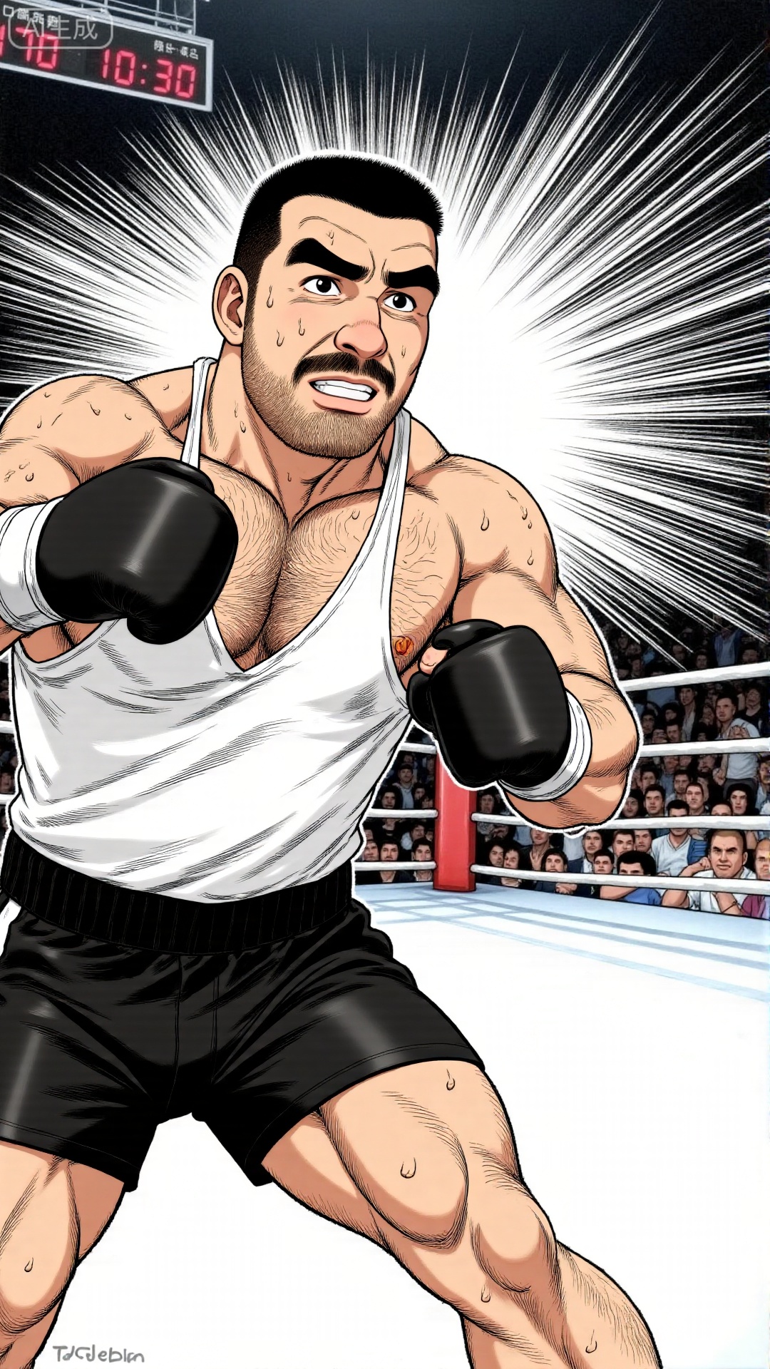 This is a cartoon about boxing. The muscular boxer is wearing a white vest, black boxing shorts, and black boxing gloves. His face and back are covered with sweat beads. He has short hair and a thick beard. His expression is resolute and fierce. The picture is set in a boxing ring, with ropes and ring pillars visible. The background shows "170:10:30" The scoreboard and the crowd in the audience hall with the same words restore the intense competitive atmosphere of a boxing match. The work uses fine lines to depict the details of muscle texture and sweat beads, and uses radial lines to enhance the impact of the punch. It is a typical expression method of tough guy comics. It is often used in the creation of boxing-themed male cartoons. It uses exaggerated dynamics and detailed light and shadow to convey the sense of power and competitive tension of boxing.