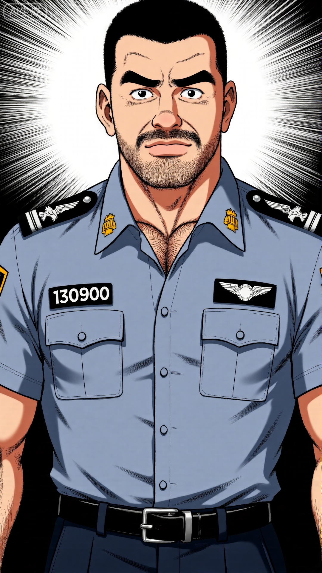 This is a cartoon style character painting, in which a man is dressed in police uniform and has a highly tense face: under thick black eyebrows are wide open eyes, exuding authority and alertness, with thick and distinct beard that spreads from the chin to the cheeks, and a serious expression. His police uniform is rich in details, with the number "130900" on his left chest, a black and white checkered shoulder patch, a badge pattern on his left arm, and a wing shaped badge on his chest; Under the police uniform, chest hair can be faintly seen, and the arm muscles are well-developed with thick hair. The black belt is tightly wrapped around the waist, making the figure even more robust. The background is reinforced with radial lines to enhance visual impact, and the contrast between pure white and pure black gives the characters a strong sense of oppression. The overall style is a typical tough guy comic technique, conveying the sense of power and justice of a "majestic police officer" through exaggerated muscle shaping, delicate clothing textures, and strong light and shadow contrast. This type of image is commonly seen in male oriented police and gangster themed comics, and is an artistic expression of power and authority.