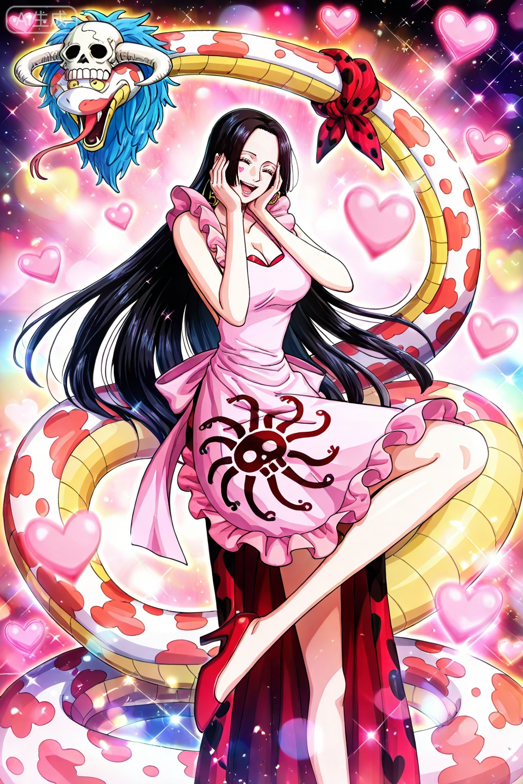 boa hancock one piece, boa hancock, 1girl, black hair, long hair, snake, heart, high heels, apron, cleavage, breasts, hands on own face, closed eyes, open mouth, smile, dress, hands on own cheeks, 19
,
depth of field,masterpiece,best quality,very aesthetic,alternate costume,alternate costume,2024,2023,perfect composition,ultra-detailed,extreme aesthetic,masterpiece,best quality,good quality,newest,year 2024,year 2023,very aesthetic,absurdres,looking_at_viewer,colorful,(quasarcake:0.7),