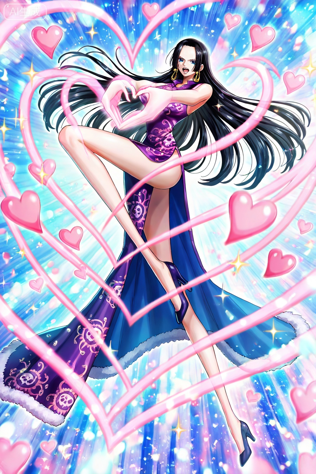 boa hancock one piece, boa hancock, 1girl, solo, black hair, long hair, dress, heart, earrings, jewelry, high heels, heart hands, chinese clothes, china dress, shoes, side slit, legs, long legs, blue eyes, open mouth, full body, 2
,
depth of field,masterpiece,best quality,very aesthetic,alternate costume,alternate costume,2024,2023,perfect composition,ultra-detailed,extreme aesthetic,masterpiece,best quality,good quality,newest,year 2024,year 2023,very aesthetic,absurdres,looking_at_viewer,colorful,(quasarcake:0.7),(from_above:1.1), 