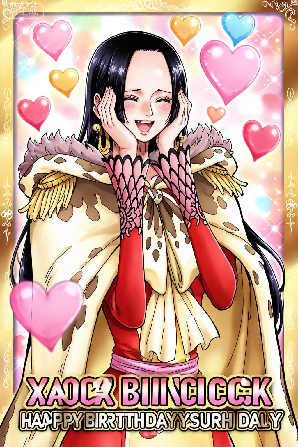boa hancock one piece, boa hancock, 1girl, black hair, solo, heart, cape, earrings, jewelry, blush, closed eyes, hands on own face, happy birthday, smile, open mouth, tarot, tarot \(medium\), epaulettes, dress, 25,
depth of field,masterpiece,best quality,very aesthetic,alternate costume,alternate costume,2024,2023,perfect composition,ultra-detailed,extreme aesthetic,masterpiece,best quality,good quality,newest,year 2024,year 2023,very aesthetic,absurdres,looking_at_viewer,colorful,(quasarcake:0.7),