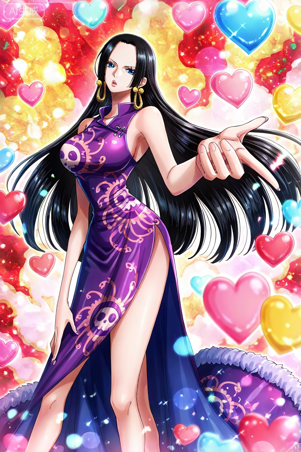boa hancock one piece, boa hancock, 1girl, black hair, long hair, solo, earrings, heart, jewelry, dress, blue eyes, chinese clothes, china dress, breasts, side slit, blowing kiss, 1
,
depth of field,masterpiece,best quality,very aesthetic,alternate costume,alternate costume,2024,2023,perfect composition,ultra-detailed,extreme aesthetic,masterpiece,best quality,good quality,newest,year 2024,year 2023,very aesthetic,absurdres,looking_at_viewer,colorful,(quasarcake:0.7),(from_above:1.1), 