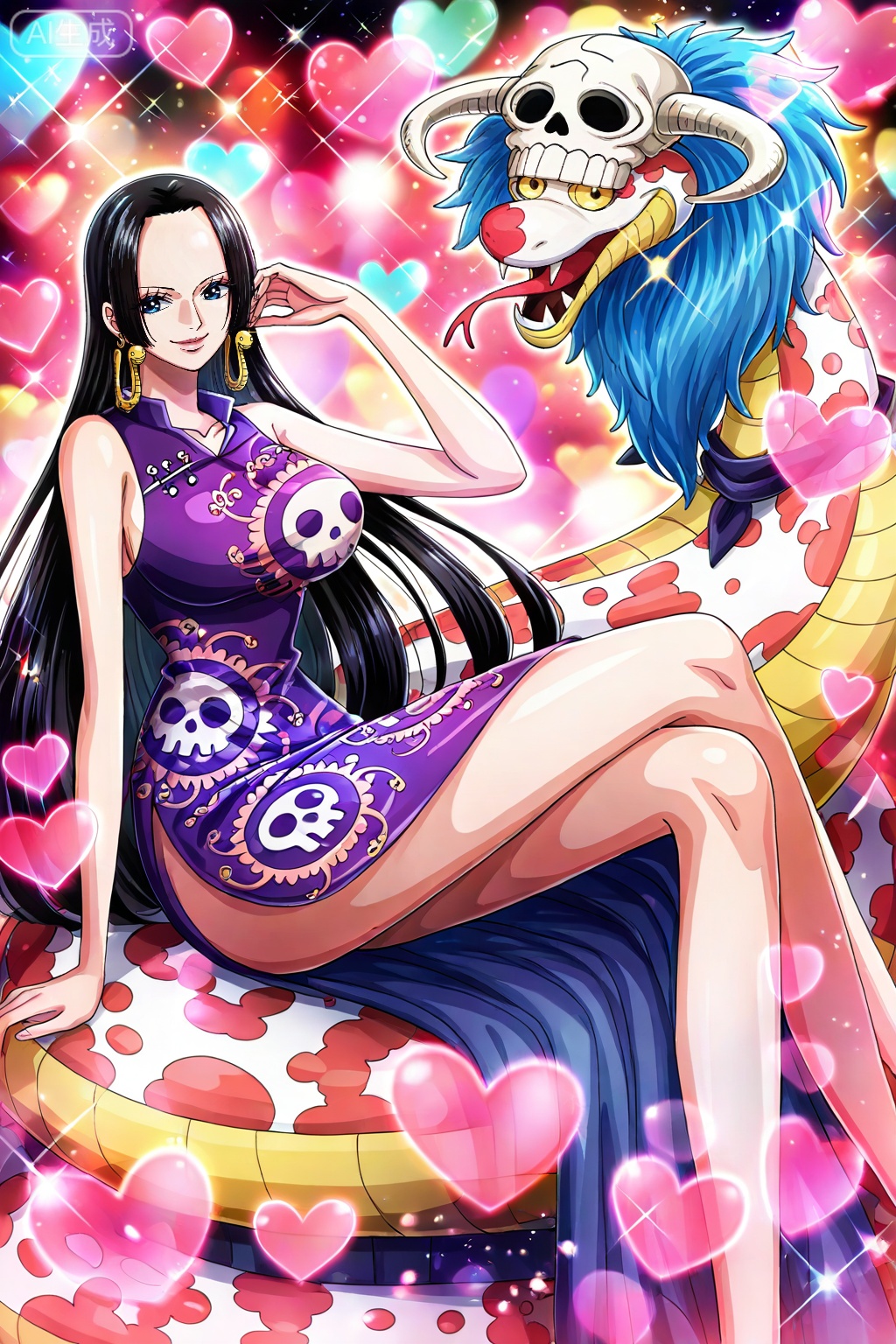 boa hancock one piece, boa hancock, 1girl, long hair, black hair, dress, earrings, jewelry, breasts, crossed legs, sitting, snake, large breasts, skull, heart, looking at viewer, sleeveless, smile, very long hair, sleeveless dress, chinese clothes, 13
,
depth of field,masterpiece,best quality,very aesthetic,alternate costume,alternate costume,2024,2023,perfect composition,ultra-detailed,extreme aesthetic,masterpiece,best quality,good quality,newest,year 2024,year 2023,very aesthetic,absurdres,looking_at_viewer,colorful,(quasarcake:0.7),