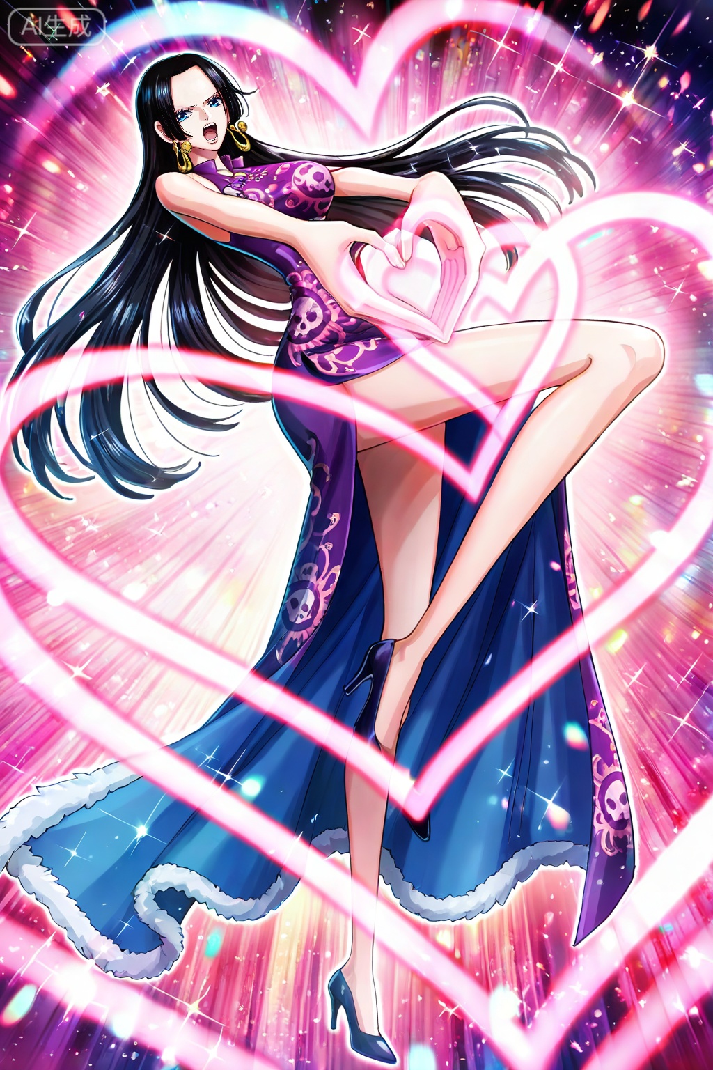 ,boa hancock one piece,boa hancock,1girl,solo,black hair,long hair,dress,heart,earrings,jewelry,high heels,heart hands,chinese clothes,china dress,shoes,legs,long legs,blue eyes,open mouth,full body,2,
depth of field,masterpiece,best quality,very aesthetic,alternate costume,alternate costume,2024,2023,perfect composition,ultra-detailed,extreme aesthetic,masterpiece,best quality,good quality,newest,year 2024,year 2023,very aesthetic,absurdres,looking_at_viewer,colorful,(quasarcake:0.7),(from_above:1.1),