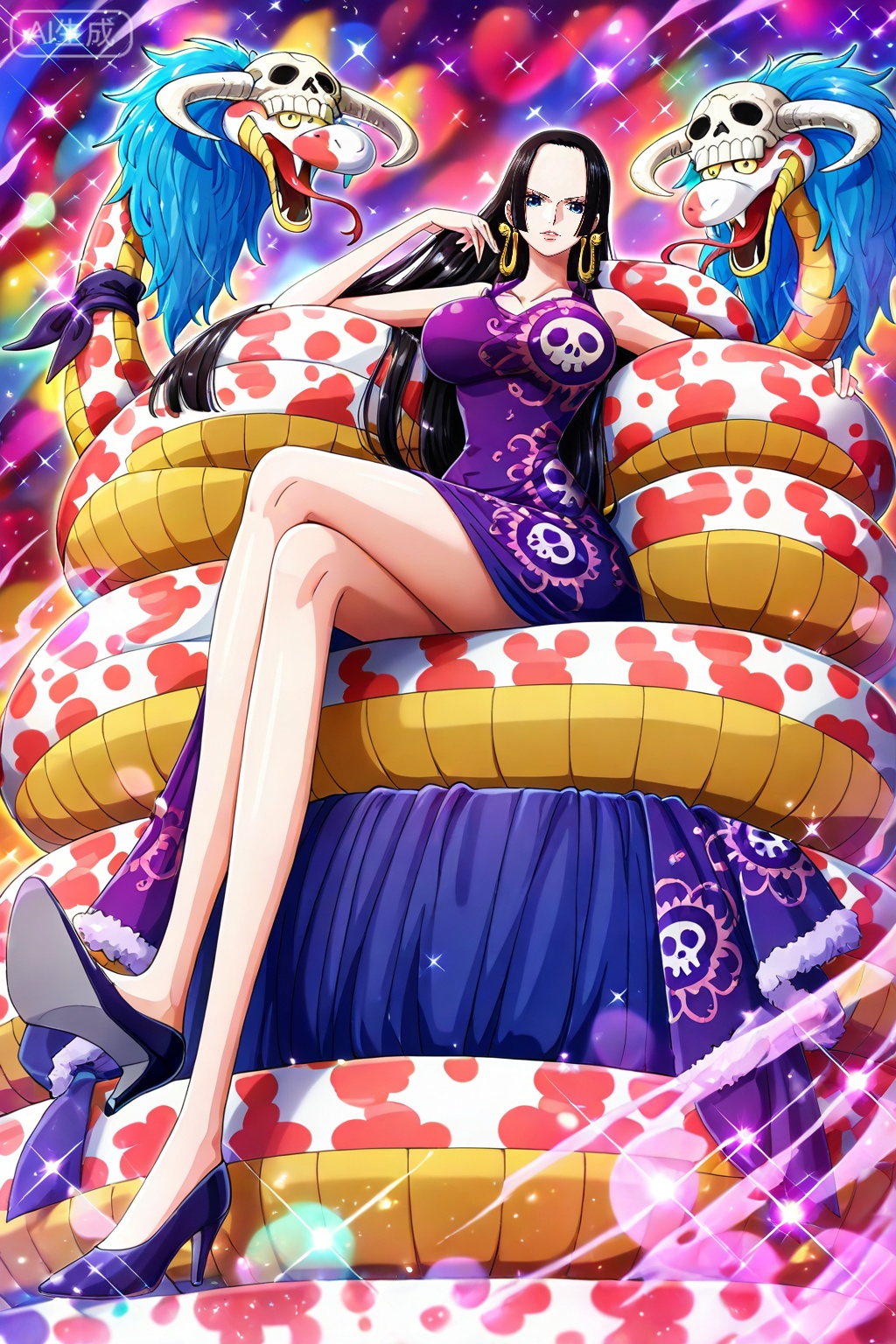 boa hancock one piece, boa hancock, 1girl, snake, long hair, black hair, dress, breasts, crossed legs, earrings, jewelry, high heels, large breasts, sitting, looking at viewer, skull, purple dress, solo, 6
,
depth of field,masterpiece,best quality,very aesthetic,alternate costume,alternate costume,2024,2023,perfect composition,ultra-detailed,extreme aesthetic,masterpiece,best quality,good quality,newest,year 2024,year 2023,very aesthetic,absurdres,looking_at_viewer,colorful,(quasarcake:0.7),