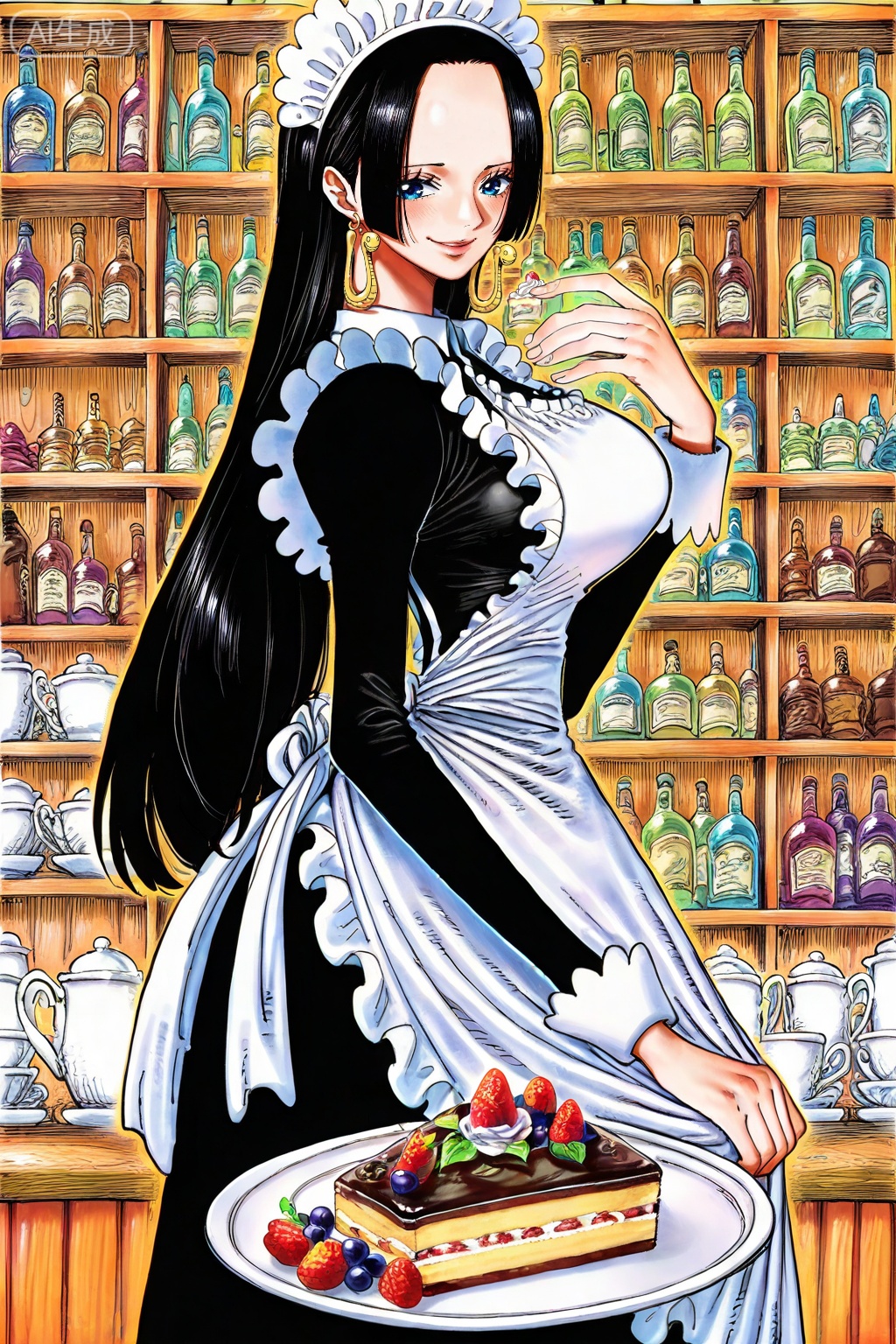 boa hancock one piece, boa hancock, 1girl, black hair, jewelry, earrings, solo, maid, long hair, maid headdress, cake, apron, food, enmaided, smile, breasts, maid apron, looking at viewer, dress, large breasts, bottle, blue eyes, black dress, cup, white apron, blush, 9
,
depth of field,masterpiece,best quality,very aesthetic,alternate costume,alternate costume,2024,2023,perfect composition,ultra-detailed,extreme aesthetic,masterpiece,best quality,good quality,newest,year 2024,year 2023,very aesthetic,absurdres,looking_at_viewer,colorful,(quasarcake:0.7),
