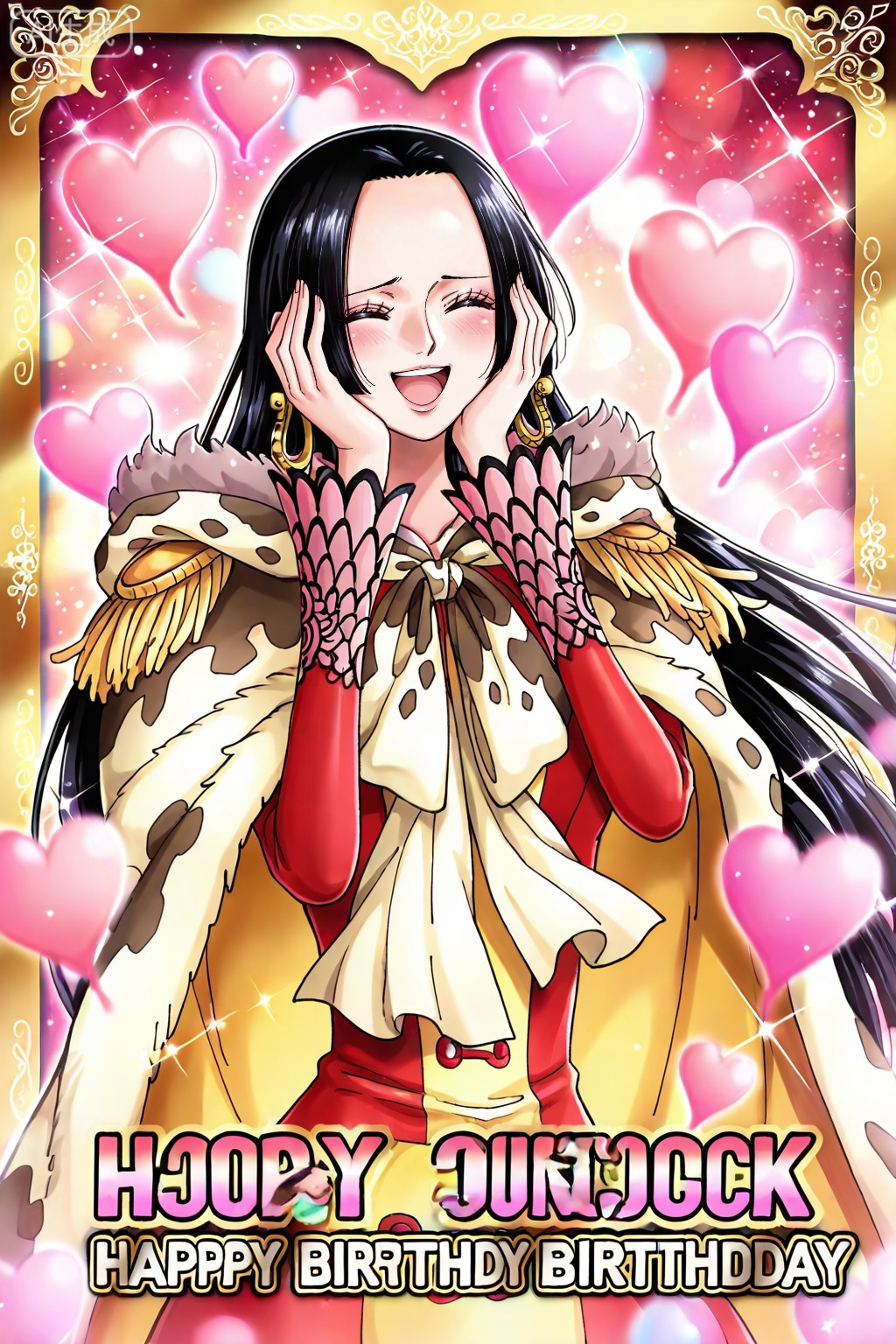 boa hancock one piece, boa hancock, 1girl, black hair, solo, heart, cape, earrings, jewelry, blush, closed eyes, hands on own face, happy birthday, smile, open mouth, tarot, tarot \(medium\), epaulettes, dress, 25,
depth of field,masterpiece,best quality,very aesthetic,alternate costume,alternate costume,2024,2023,perfect composition,ultra-detailed,extreme aesthetic,masterpiece,best quality,good quality,newest,year 2024,year 2023,very aesthetic,absurdres,looking_at_viewer,colorful,(quasarcake:0.7),