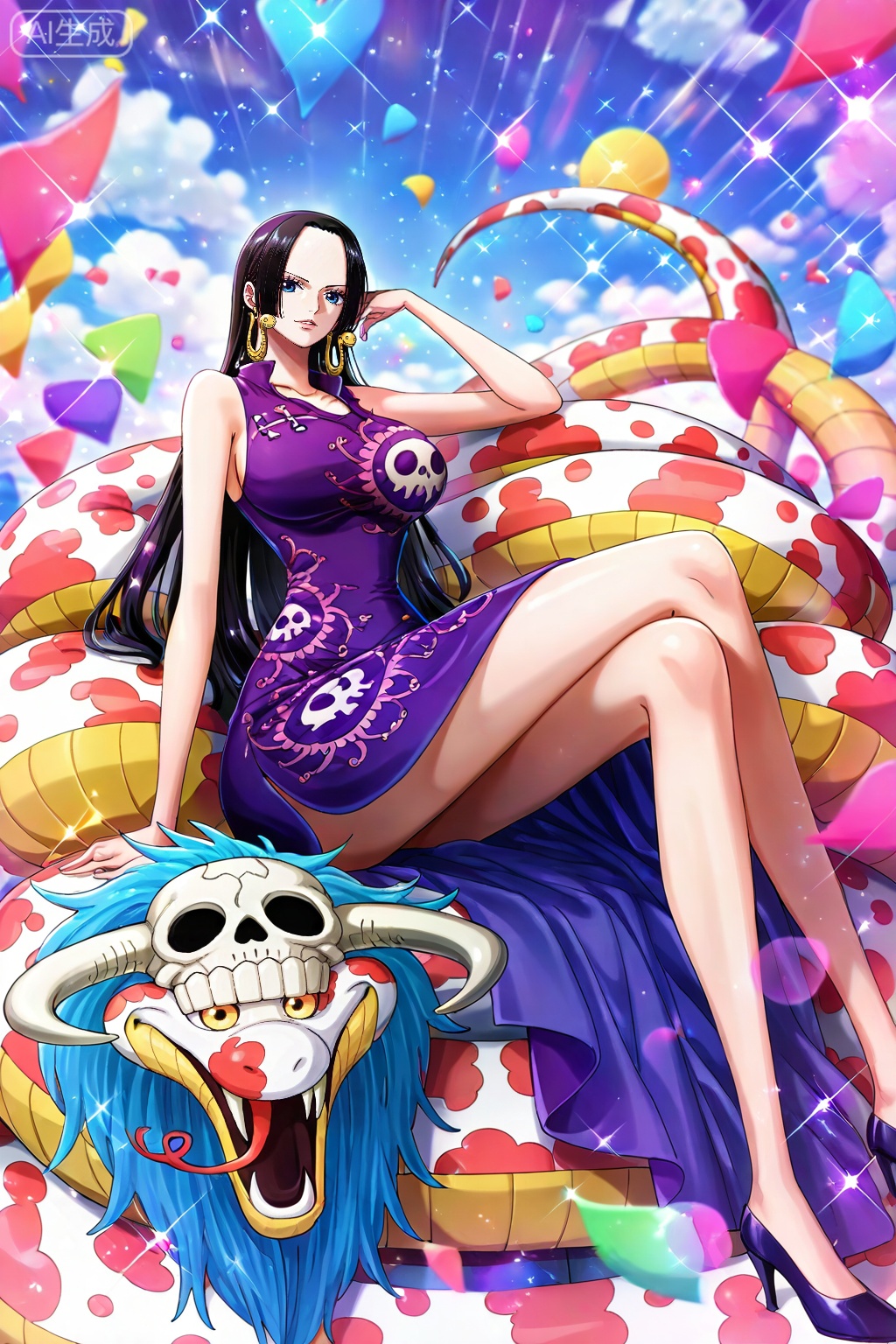 boa hancock one piece, boa hancock, 1girl, snake, long hair, black hair, dress, breasts, crossed legs, earrings, jewelry, high heels, large breasts, sitting, looking at viewer, skull, purple dress, solo, 6
,
depth of field,masterpiece,best quality,very aesthetic,alternate costume,alternate costume,2024,2023,perfect composition,ultra-detailed,extreme aesthetic,masterpiece,best quality,good quality,newest,year 2024,year 2023,very aesthetic,absurdres,looking_at_viewer,colorful,(quasarcake:0.7),