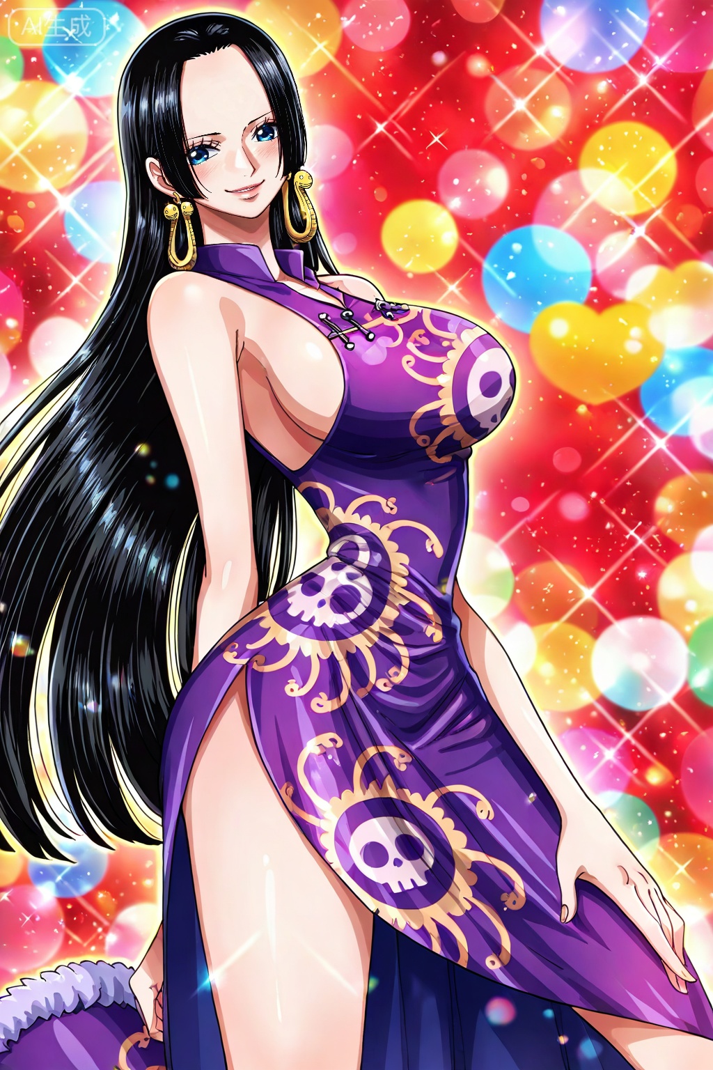 boa hancock one piece, boa hancock, 1girl, black hair, solo, long hair, jewelry, earrings, dress, breasts, blue eyes, sideboob, blush, chinese clothes, large breasts, smile, 23
,
depth of field,masterpiece,best quality,very aesthetic,alternate costume,alternate costume,2024,2023,perfect composition,ultra-detailed,extreme aesthetic,masterpiece,best quality,good quality,newest,year 2024,year 2023,very aesthetic,absurdres,looking_at_viewer,colorful,(quasarcake:0.7),