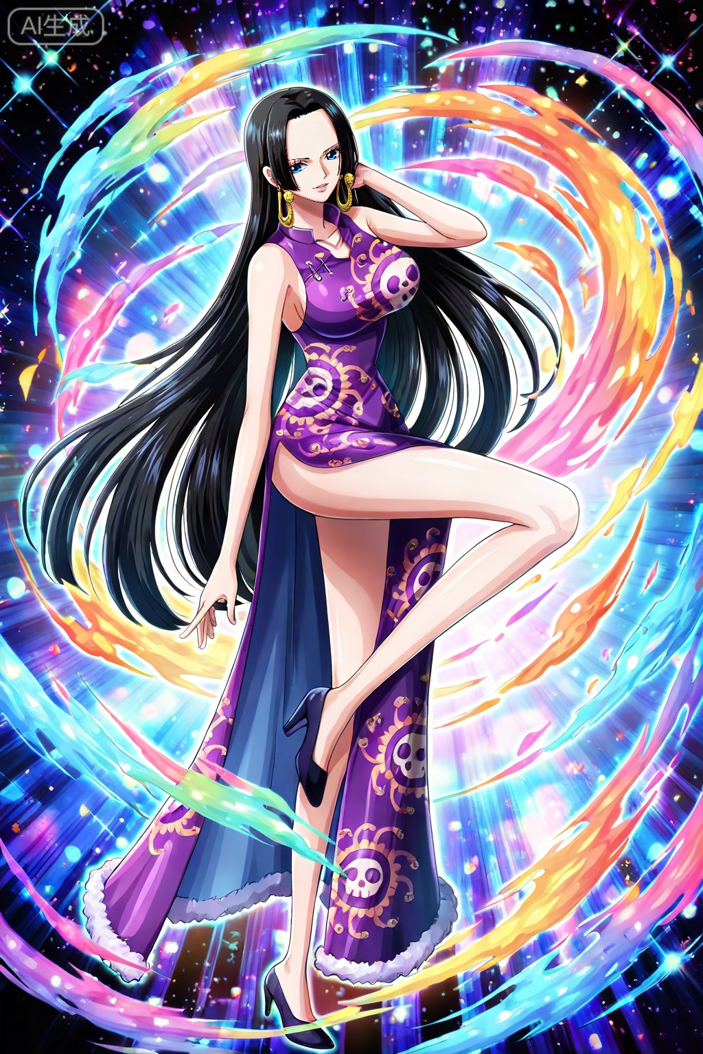 boa hancock one piece, boa hancock, 1girl, black hair, dress, solo, long hair, jewelry, blue eyes, full body, chinese clothes, breasts, earrings, china dress, 24
,
depth of field,masterpiece,best quality,very aesthetic,alternate costume,alternate costume,2024,2023,perfect composition,ultra-detailed,extreme aesthetic,masterpiece,best quality,good quality,newest,year 2024,year 2023,very aesthetic,absurdres,looking_at_viewer,colorful,(quasarcake:0.7),