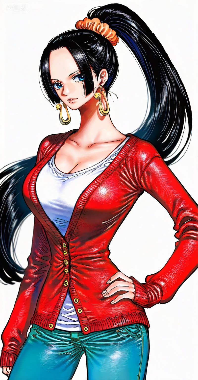 boa hancock one piece, boa hancock, 1girl, solo, black hair, jewelry, long hair, earrings, pants, breasts, jeans, denim, cardigan, red cardigan, simple background, white background, looking at viewer, shirt, large breasts, cleavage, hand on own hip, white shirt, scrunchie, sleeves past wrists, ponytail, blue eyes, 99,
depth of field,masterpiece,best quality,very aesthetic,alternate costume,alternate costume,2024,2023,perfect composition,ultra-detailed,extreme aesthetic,masterpiece,best quality,good quality,newest,year 2024,year 2023,very aesthetic,absurdres,looking_at_viewer,colorful,(quasarcake:0.7),