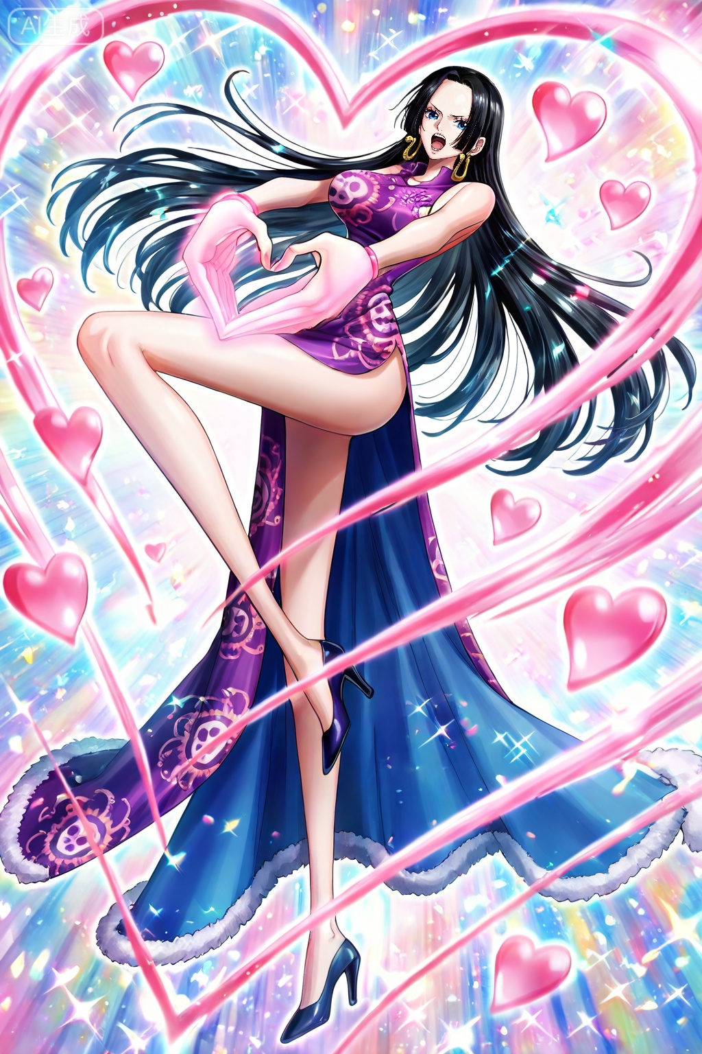 boa hancock one piece, boa hancock, 1girl, solo, black hair, long hair, dress, heart, earrings, jewelry, high heels, heart hands, chinese clothes, china dress, shoes, side slit, legs, long legs, blue eyes, open mouth, full body, 2
,
depth of field,masterpiece,best quality,very aesthetic,alternate costume,alternate costume,2024,2023,perfect composition,ultra-detailed,extreme aesthetic,masterpiece,best quality,good quality,newest,year 2024,year 2023,very aesthetic,absurdres,looking_at_viewer,colorful,(quasarcake:0.7),(from_above:1.1), 