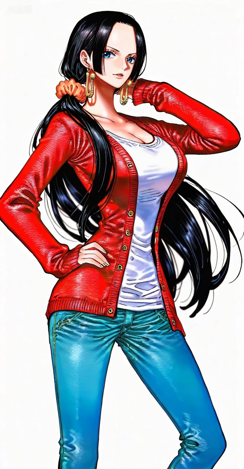boa hancock one piece, boa hancock, 1girl, solo, black hair, jewelry, long hair, earrings, pants, breasts, jeans, denim, cardigan, red cardigan, simple background, white background, looking at viewer, shirt, large breasts, cleavage, hand on own hip, white shirt, scrunchie, sleeves past wrists, ponytail, blue eyes, 99,
depth of field,masterpiece,best quality,very aesthetic,alternate costume,alternate costume,2024,2023,perfect composition,ultra-detailed,extreme aesthetic,masterpiece,best quality,good quality,newest,year 2024,year 2023,very aesthetic,absurdres,looking_at_viewer,colorful,(quasarcake:0.7),