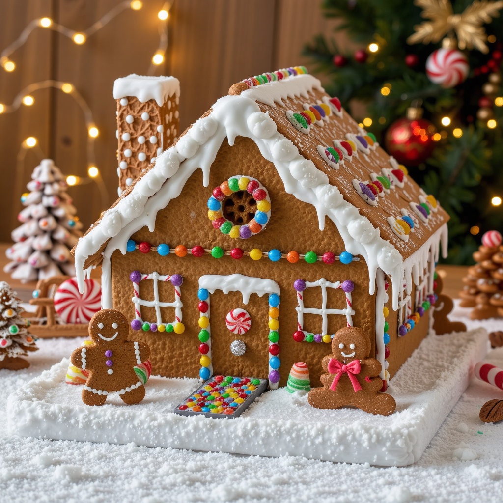 Photorealistic cinematic style horizontal angle view of a beautifully decorated gingerbread house on a snowy base made of...
