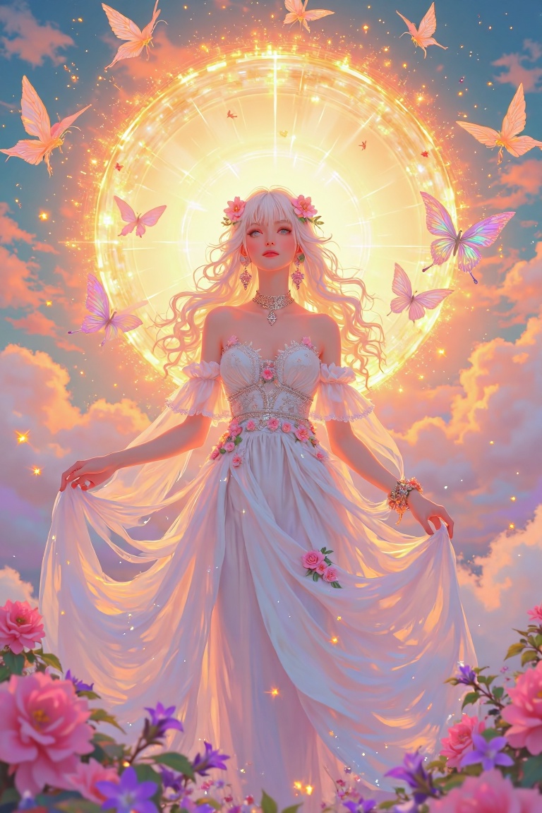Divine ethereal anime girl standing beneath a radiant golden sun halo,  surrounded by glowing butterflies and pastel cloud...