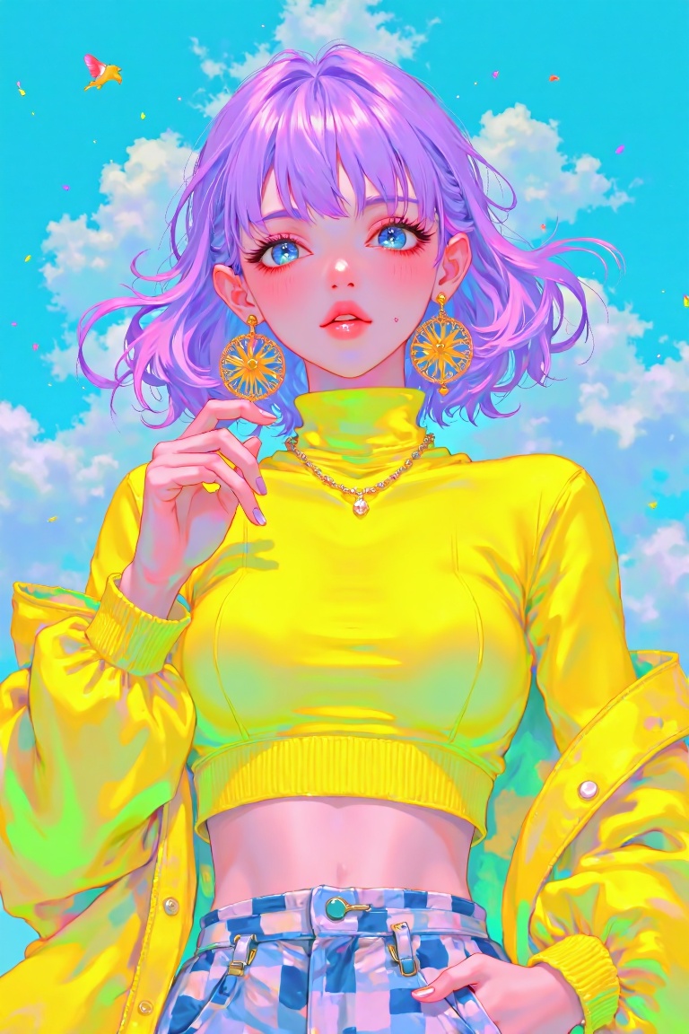 Vibrant pastel anime girl with lavender hair and blunt bangs,  wearing a bright yellow cropped sweater and oversized jacke...
