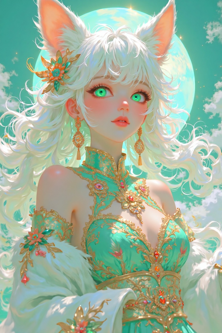 Beautiful anime fox girl with fluffy white hair and glowing turquoise eyes,  soft fox ears,  wearing an elegant ornate che...