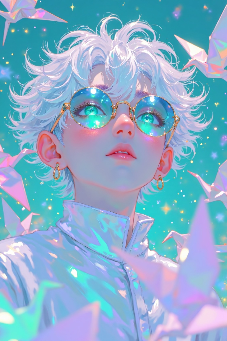 Ethereal anime boy with short fluffy white hair and luminous teal-blue eyes wearing round reflective glasses and a white i...