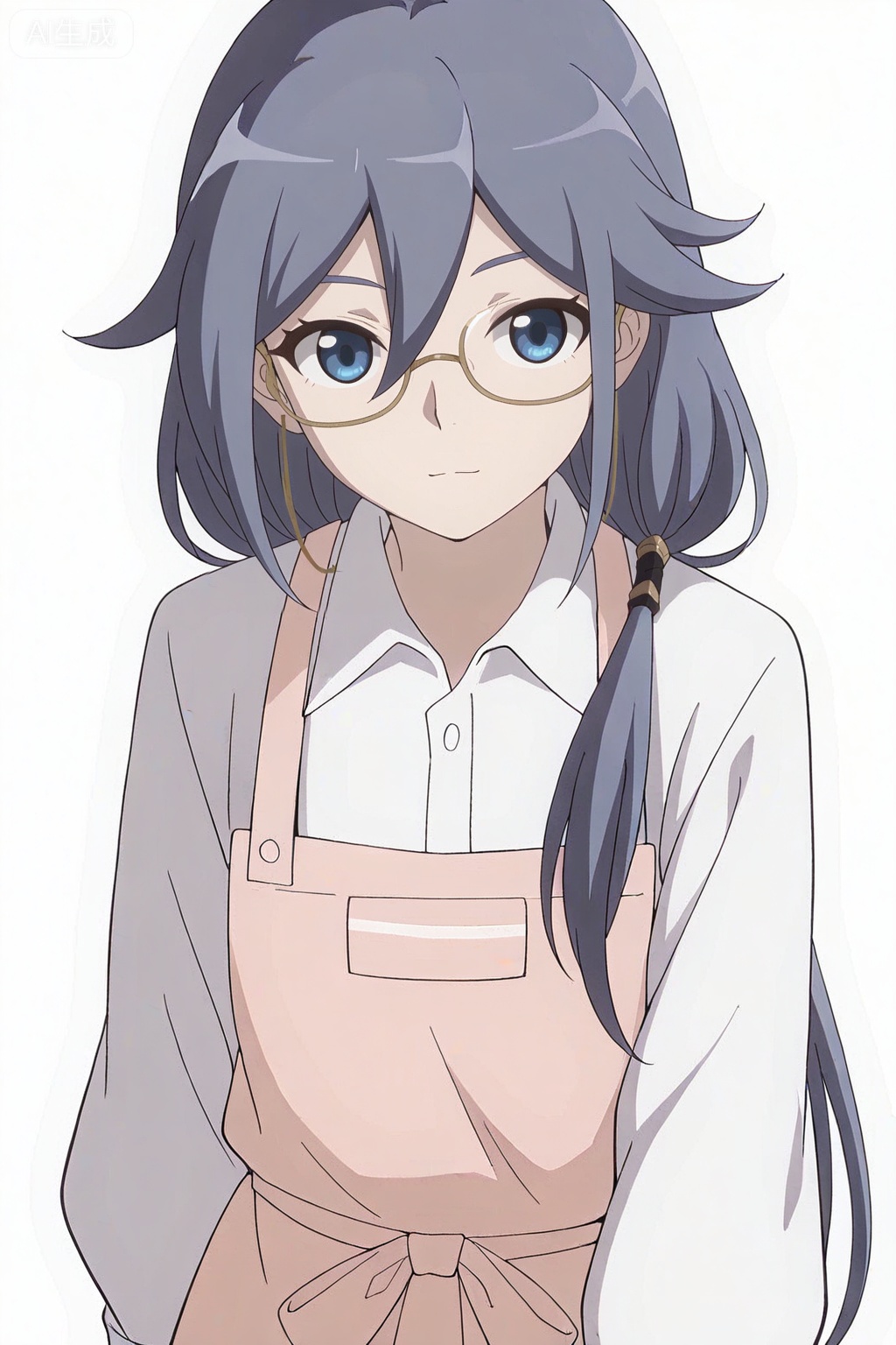 masterpiece, best quality,solo,((white background:1.2)),simple background,, 
looking at viewer,anime_style,fu_hua,blue eyes,grey hair,hair ornament,hair between eyes,glasses,apron,shirt,white shirt,pink apron,collared shirt