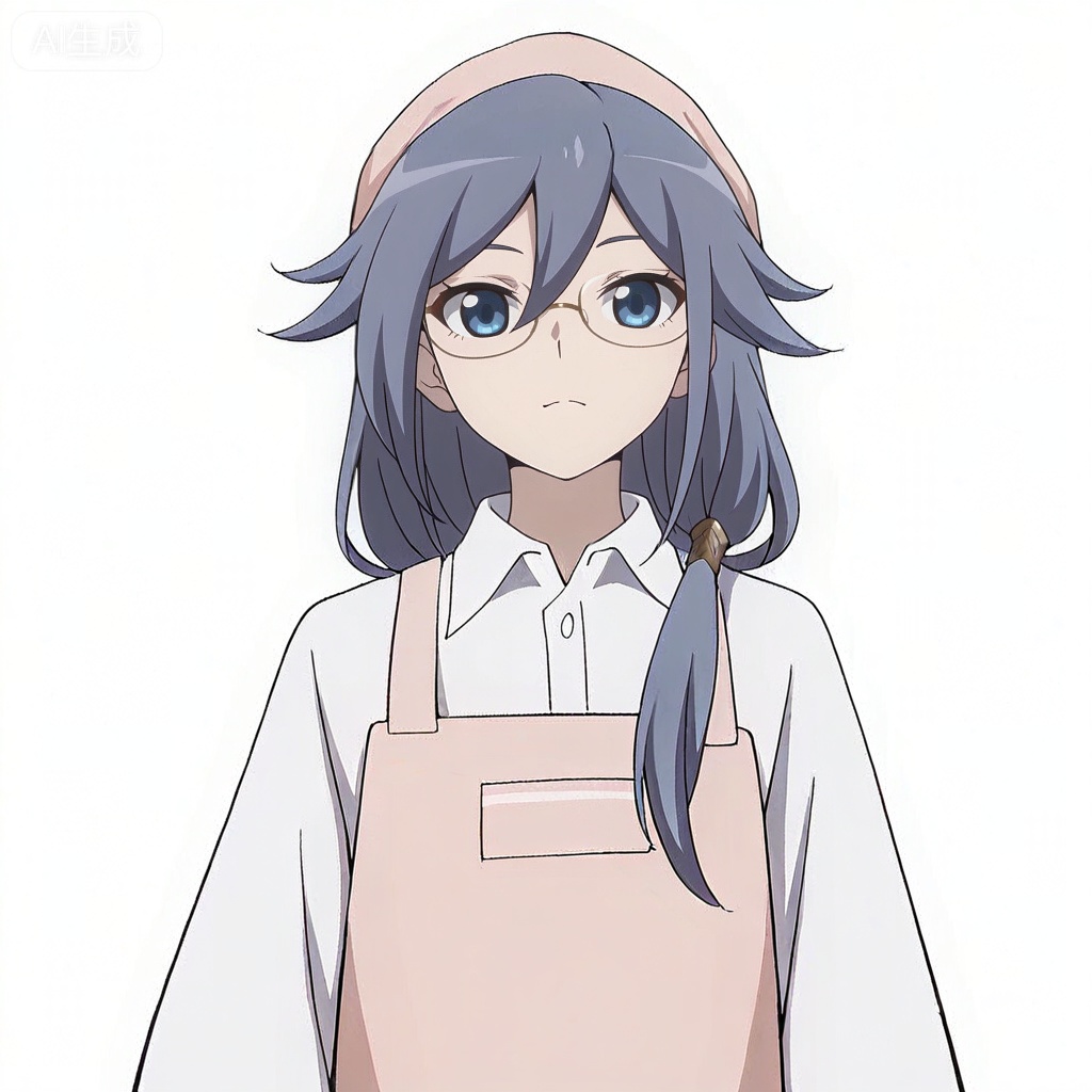 masterpiece, best quality,solo,((white background:1.2)),simple background,, 
looking at viewer,anime_style,fu_hua,blue eyes,grey hair,hair ornament,hair between eyes,glasses,apron,shirt,white shirt,pink apron,collared shirt