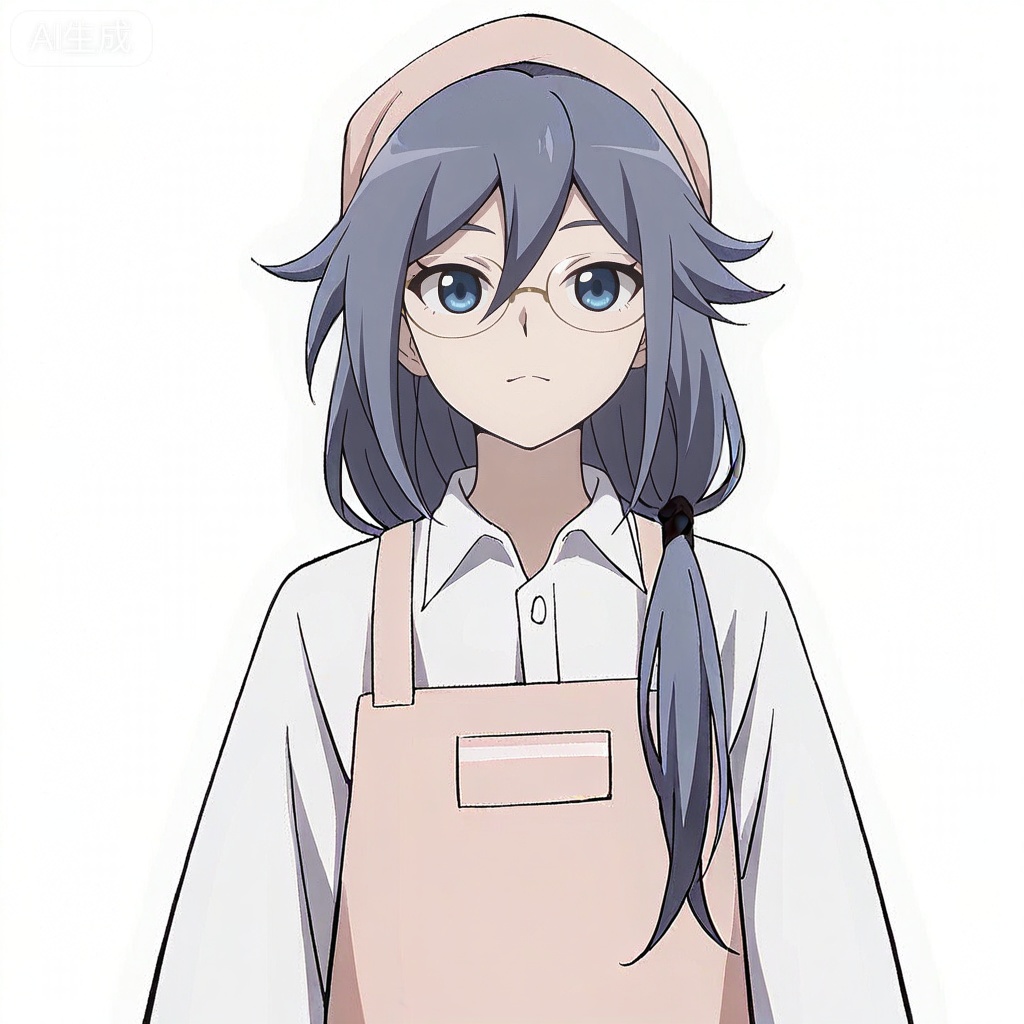 masterpiece, best quality,solo,((white background:1.2)),simple background,, 
looking at viewer,anime_style,fu_hua,blue eyes,grey hair,hair ornament,hair between eyes,glasses,apron,shirt,white shirt,pink apron,collared shirt