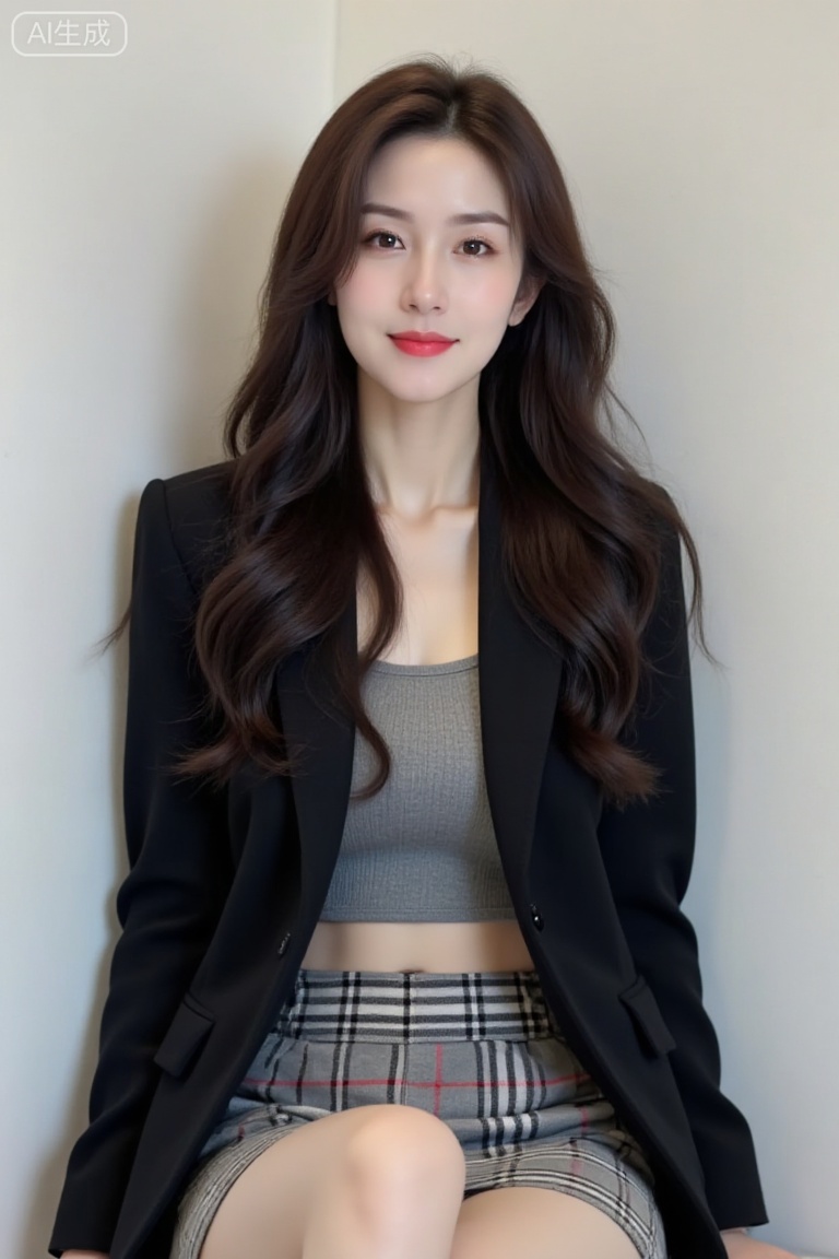 A photo-realistic front-view image of a 20-year-old Asian woman with light skin, long wavy dark brown hair, and brown eyes, seated against a plain white wall. She is centered in the frame, wearing a black blazer over a gray crop top and a plaid mini skirt, legs crossed, arms resting on her lap. Her red lips contrast the monochromatic outfit, while her neutral expression and direct gaze convey quiet confidence. The minimal indoor background emphasizes her slim figure, collarbone, and subtle smile. Realistic lighting, sharp details, upper-body composition.