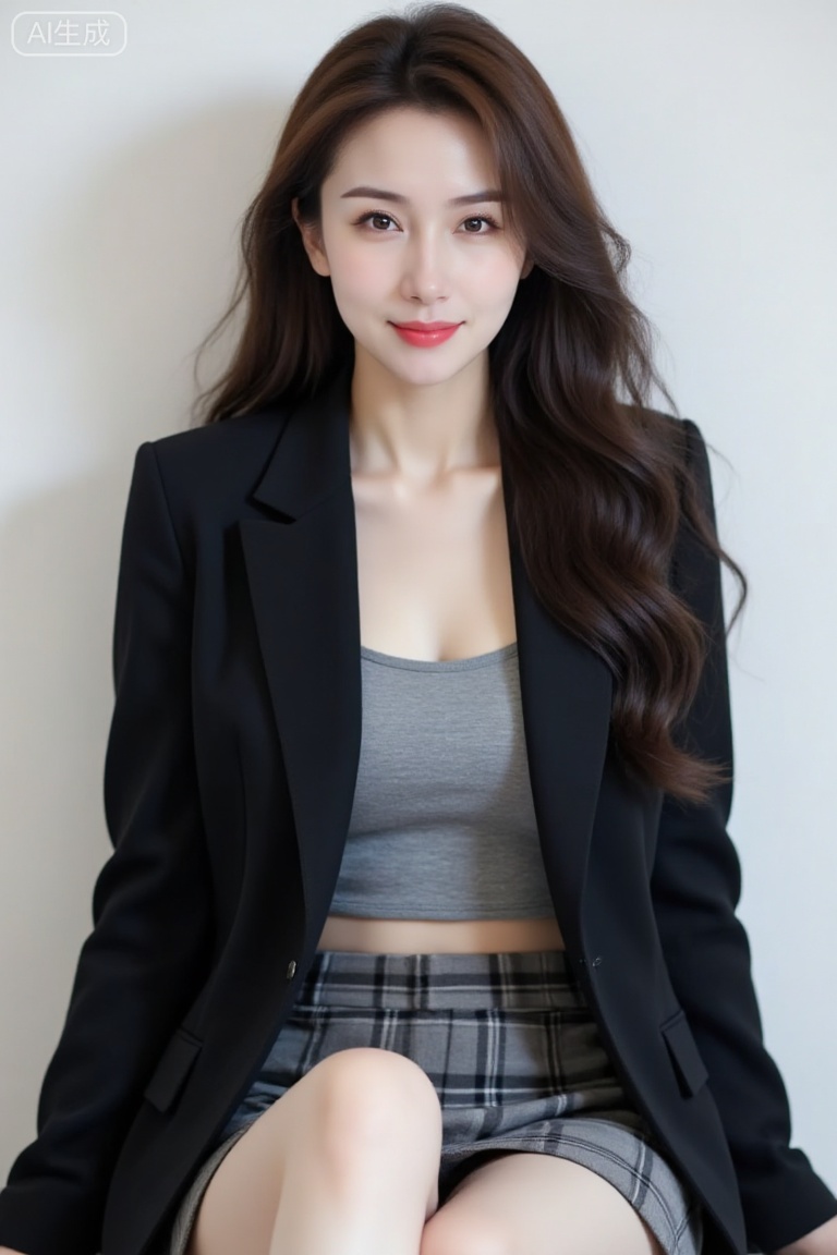 A photo-realistic front-view image of a 20-year-old Asian woman with light skin, long wavy dark brown hair, and brown eyes, seated against a plain white wall. She is centered in the frame, wearing a black blazer over a gray crop top and a plaid mini skirt, legs crossed, arms resting on her lap. Her red lips contrast the monochromatic outfit, while her neutral expression and direct gaze convey quiet confidence. The minimal indoor background emphasizes her slim figure, collarbone, and subtle smile. Realistic lighting, sharp details, upper-body composition.