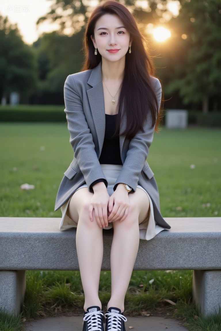 A photo-realistic front-view image of a 20-year-old woman with light skin, long straight dark brown hair, and brown eyes, sitting on a stone bench in a park at sunset. Centered in the frame, she wears a gray blazer over a black top, a white skirt, and black Converse sneakers, legs crossed, hands clasped on her lap. Her smile is warm, eyes meet the camera directly, earrings and necklace adding subtle elegance. The background features lush green grass, trees, and a golden sky, sun casting a soft, warm glow. Full-body composition, natural lighting, serene atmosphere, realistic textures and details.
