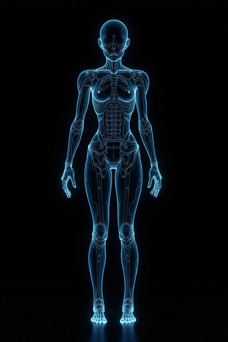 A futuristic anime cyborg standing in a void. The mechanical parts of the body are rendered with precise,  thin architectu...
